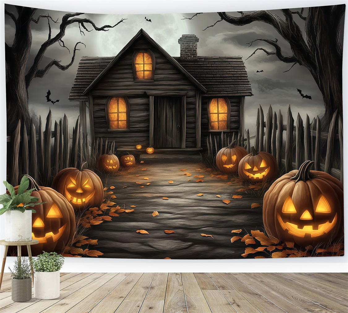 Halloween Haunted Haus Pathway mit geschnitzten Kürbissen Halloween Fotohintergrund für Fotos TWW58-20