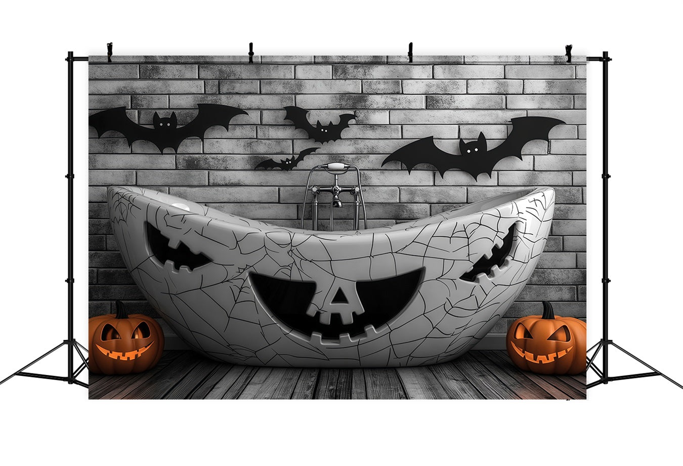 Halloween Geisterbadewanne mit Kürbisschnitzereien und Fledermäusen Halloween-Fotohintergrundideen TWW58-23