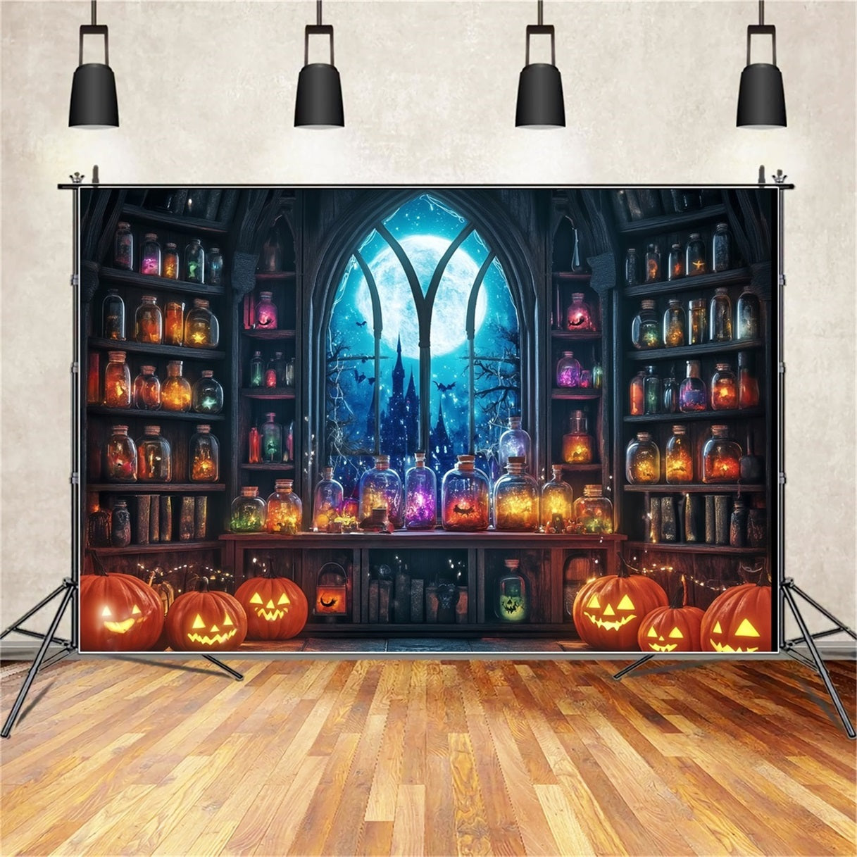 Halloween WandFotohintergrund Moonbeschienener Zaubertrankraum mit Kürbissen und Gläsern Halloween-Fotohintergrundideen TWW58-24