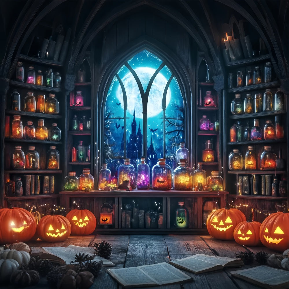 Halloween WandFotohintergrund Moonbeschienener Zaubertrankraum mit Kürbissen und Gläsern Halloween-Fotohintergrundideen TWW58-24