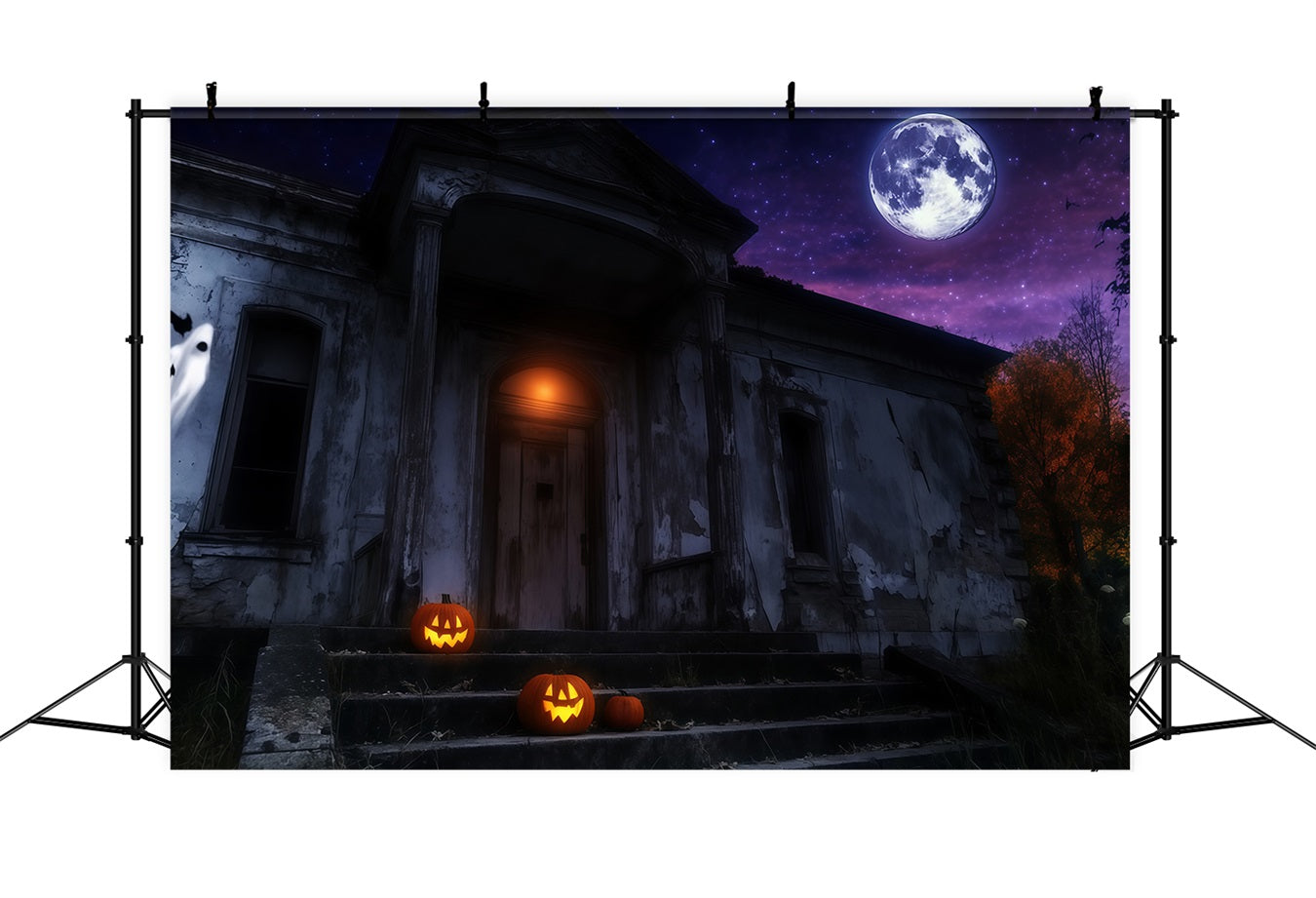 Haunted Haus Backdrop Haunted Mansion mit leuchtenden Kürbissen unter Moon Halloween Backdrop Ideen TWW58-25