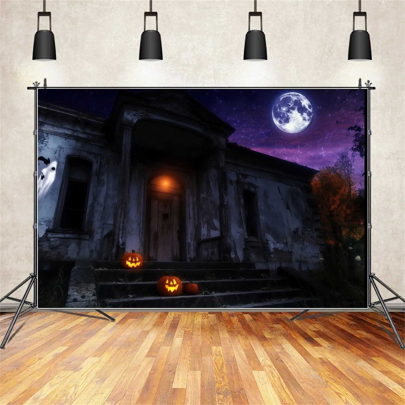 Haunted Haus Backdrop Haunted Mansion mit leuchtenden Kürbissen unter Moon Halloween Backdrop Ideen TWW58-25