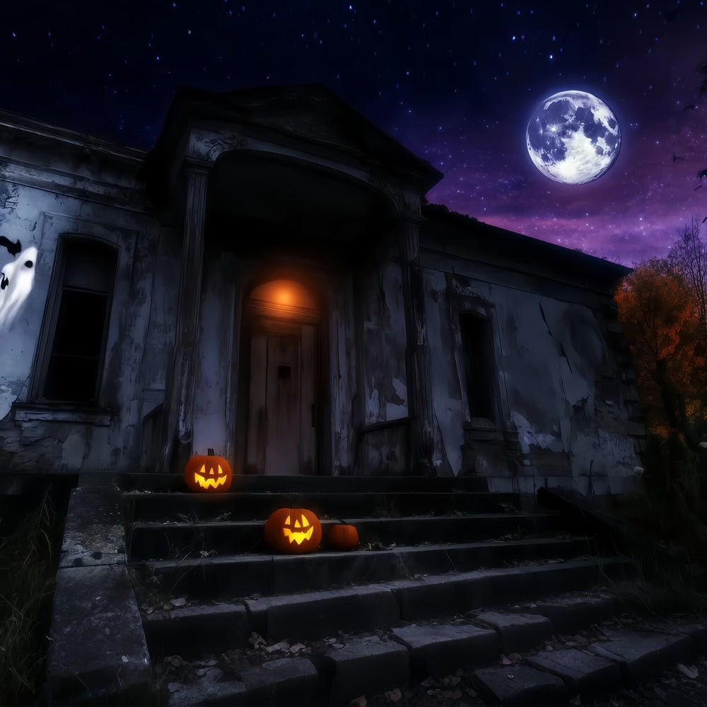 Haunted Haus Backdrop Haunted Mansion mit leuchtenden Kürbissen unter Moon Halloween Backdrop Ideen TWW58-25