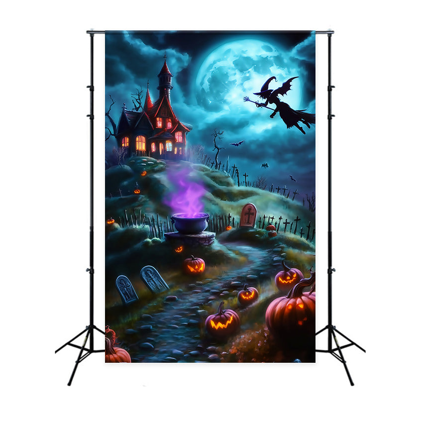 Halloween-Hexe, die über einen gruseligen Bergfriedhof fliegt Halloween-Fotohintergrund für Fotos TWW58-26