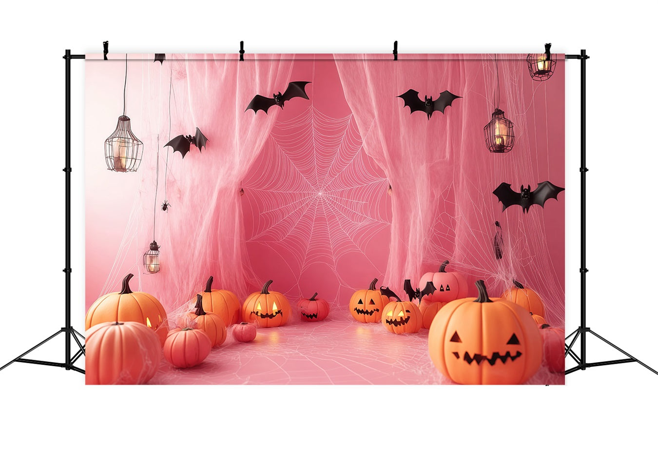 Halloween Rosa Spinnennetzvorhänge mit Lampions Halloween-Fotohintergrund für Fotos TWW58-27