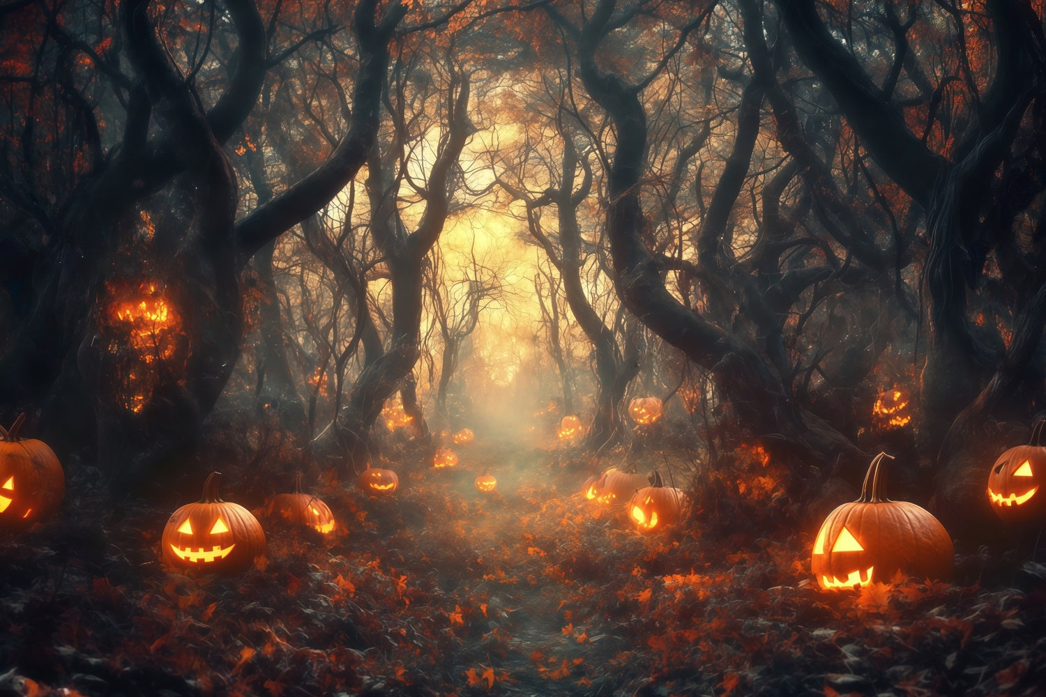 Halloween-Friedhof-Fotohintergrund leuchtender Jack O'Lantern-Waldweg Halloween-Fotokulissen TWW58-33