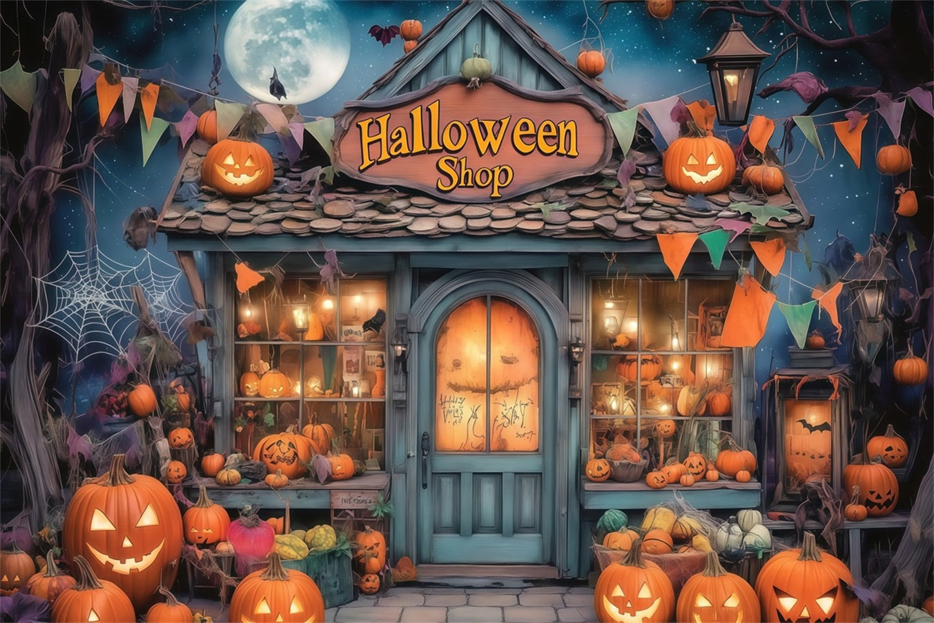 Haunted Haus Backdrop Kürbis gefüllt Spooky Halloween Geschäftfront Halloween Fotohintergründe TWW58-34