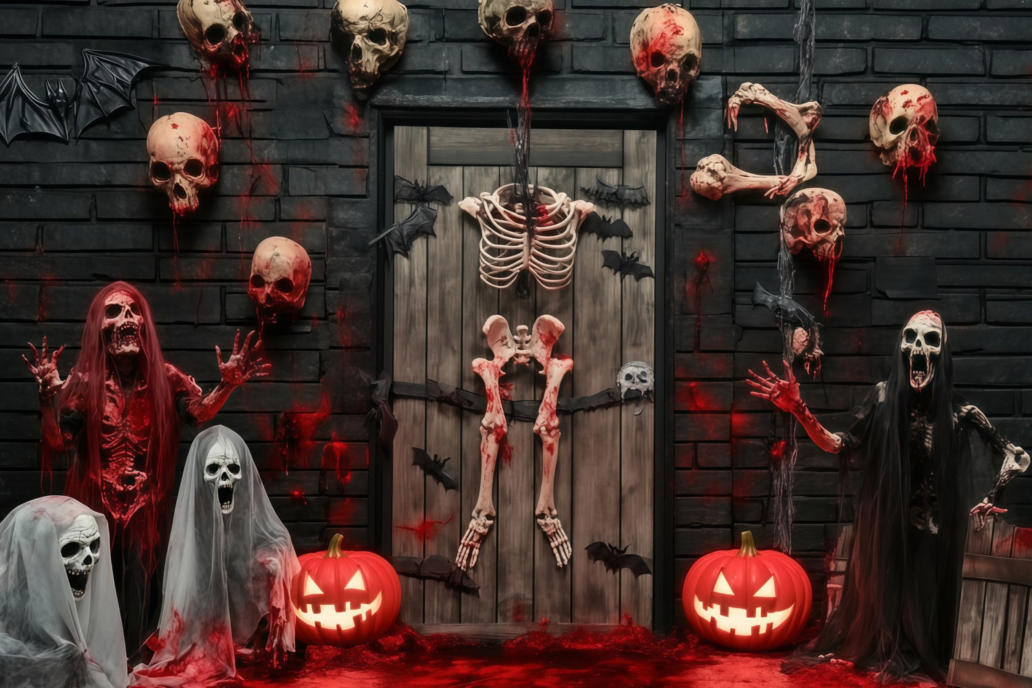 Garagentor Halloween Backdrop Blutige Skelette und Totenköpfe Spuktür Gruselige Halloween Studiohintergrund TWW58-35
