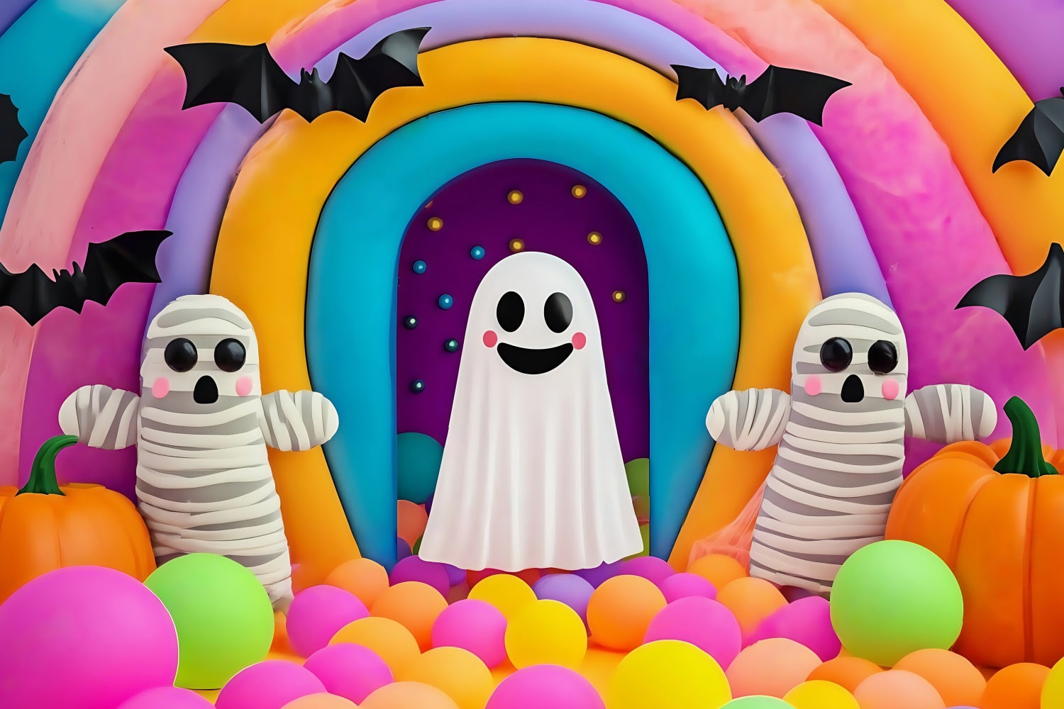 Halloween WandFotohintergrund Bunter Regenbogen Geister und Mumien Display Gruseliger Halloween-Fotohintergrund TWW58-36