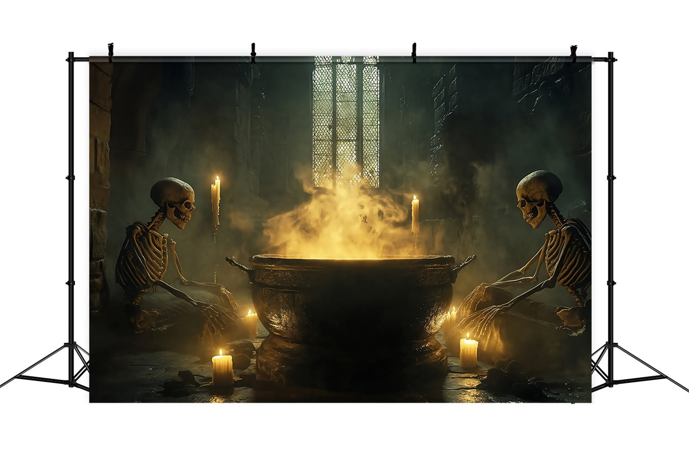 Spukhaus-Fotohintergrundkulisse Skelette Rührender blubbernder Hexenkessel Gruselige Halloween-Fotohintergrundkulisse TWW58-38