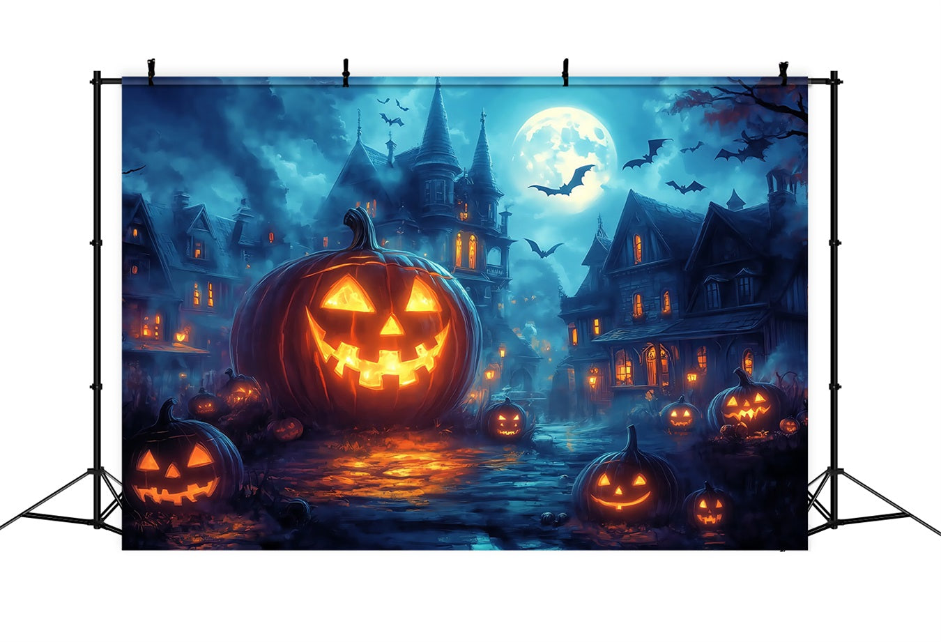 Halloween-Friedhof-Fotohintergrund Glühende Jack-O'-Lantern-Straße bei VollMoon Halloween-Fotografie-Fotohintergrund TWW58-45