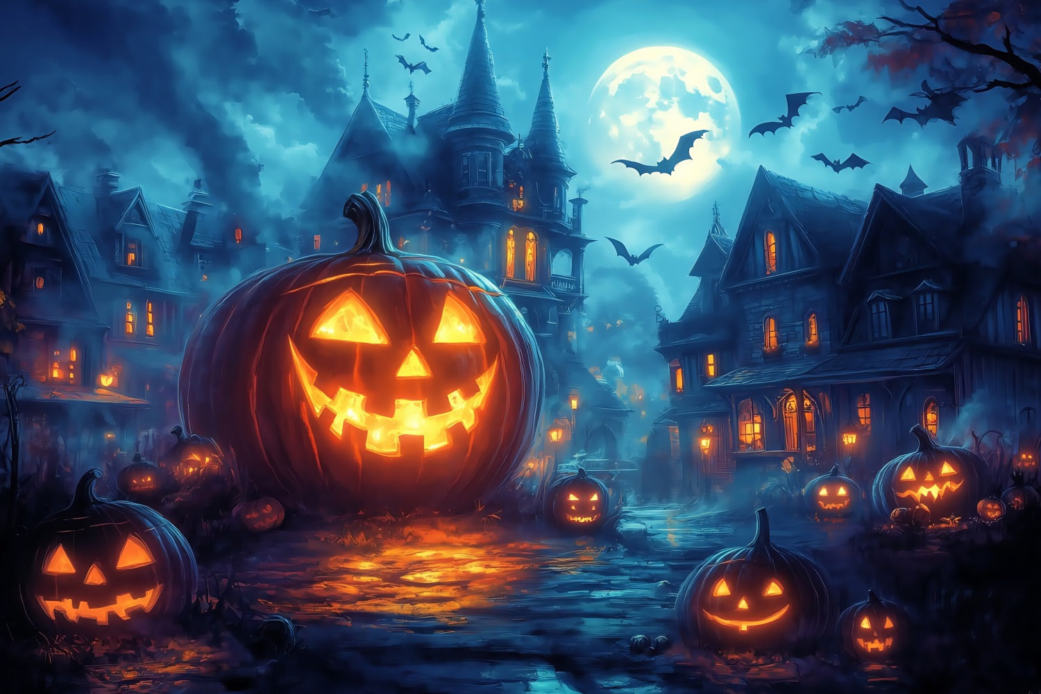Halloween-Friedhof-Fotohintergrund Glühende Jack-O'-Lantern-Straße bei VollMoon Halloween-Fotografie-Fotohintergrund TWW58-45