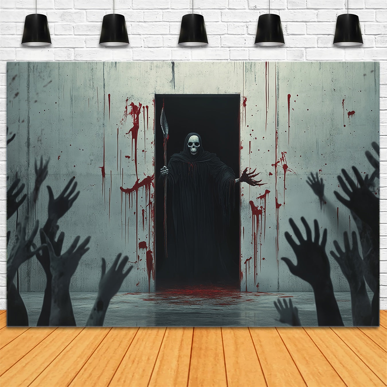 Halloween WandFotohintergrund Blutverschmierte Wand mit Sensenmann Figur Gruselige Halloween Hintergründe TWW58-47