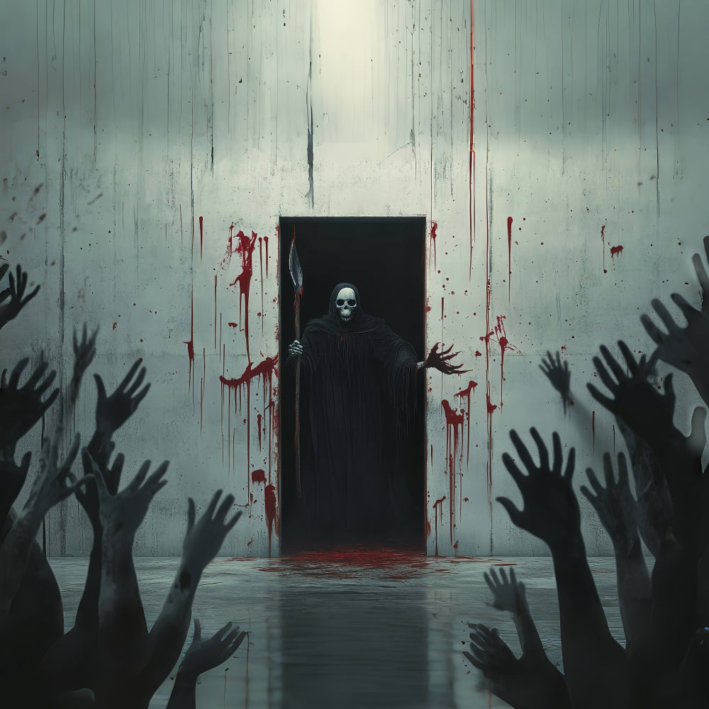 Halloween WandFotohintergrund Blutverschmierte Wand mit Sensenmann Figur Gruselige Halloween Hintergründe TWW58-47