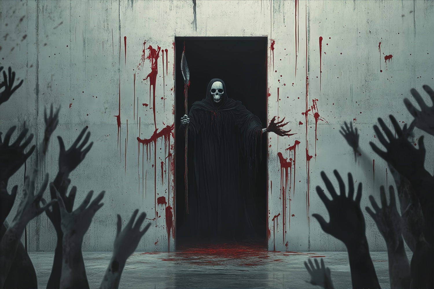 Halloween WandFotohintergrund Blutverschmierte Wand mit Sensenmann Figur Gruselige Halloween Hintergründe TWW58-47