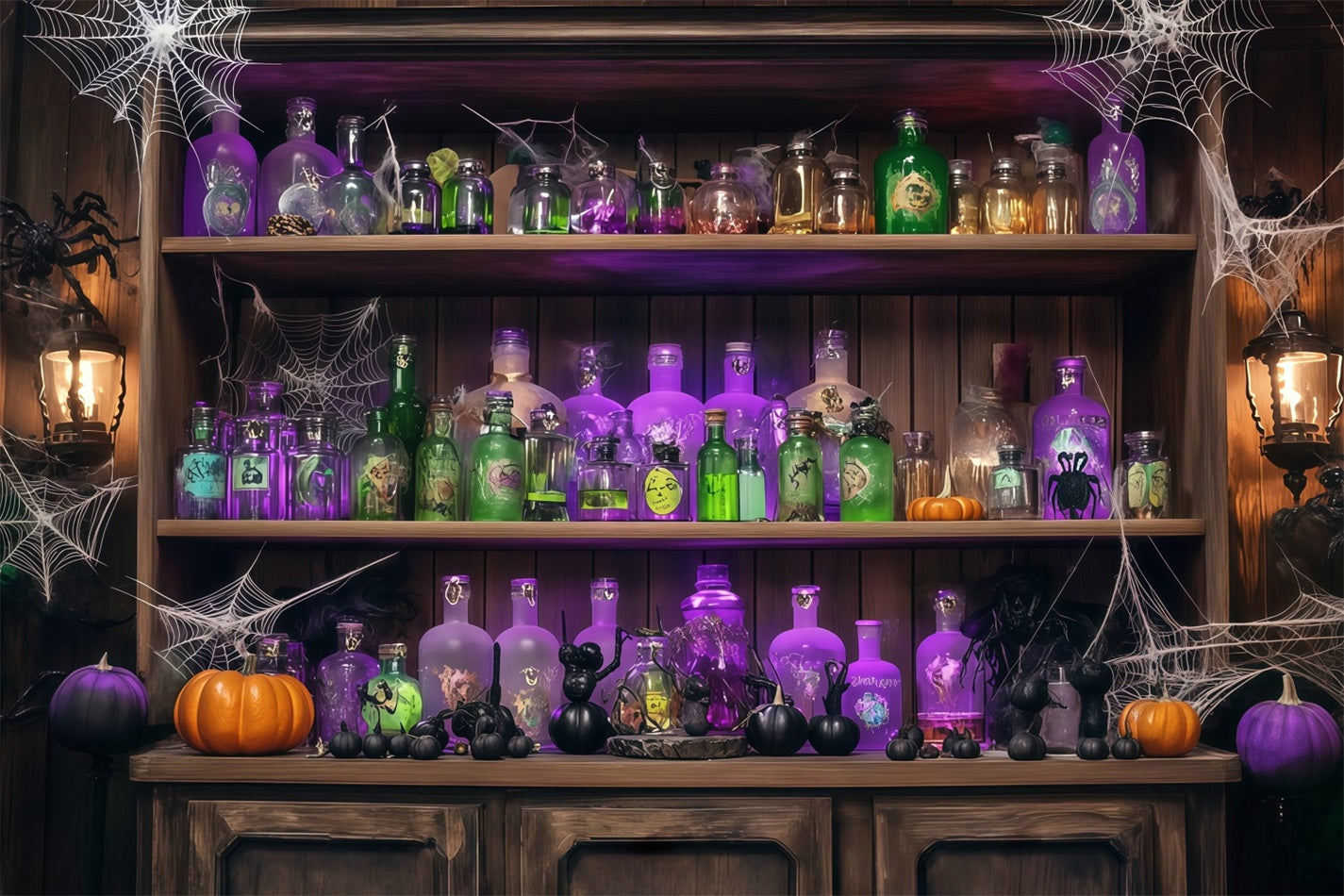 Halloween-WandFotohintergrund Zaubertrankflaschen und Spinnweben auf Holzregal Halloween-Fotohintergrundbilder TWW58-48