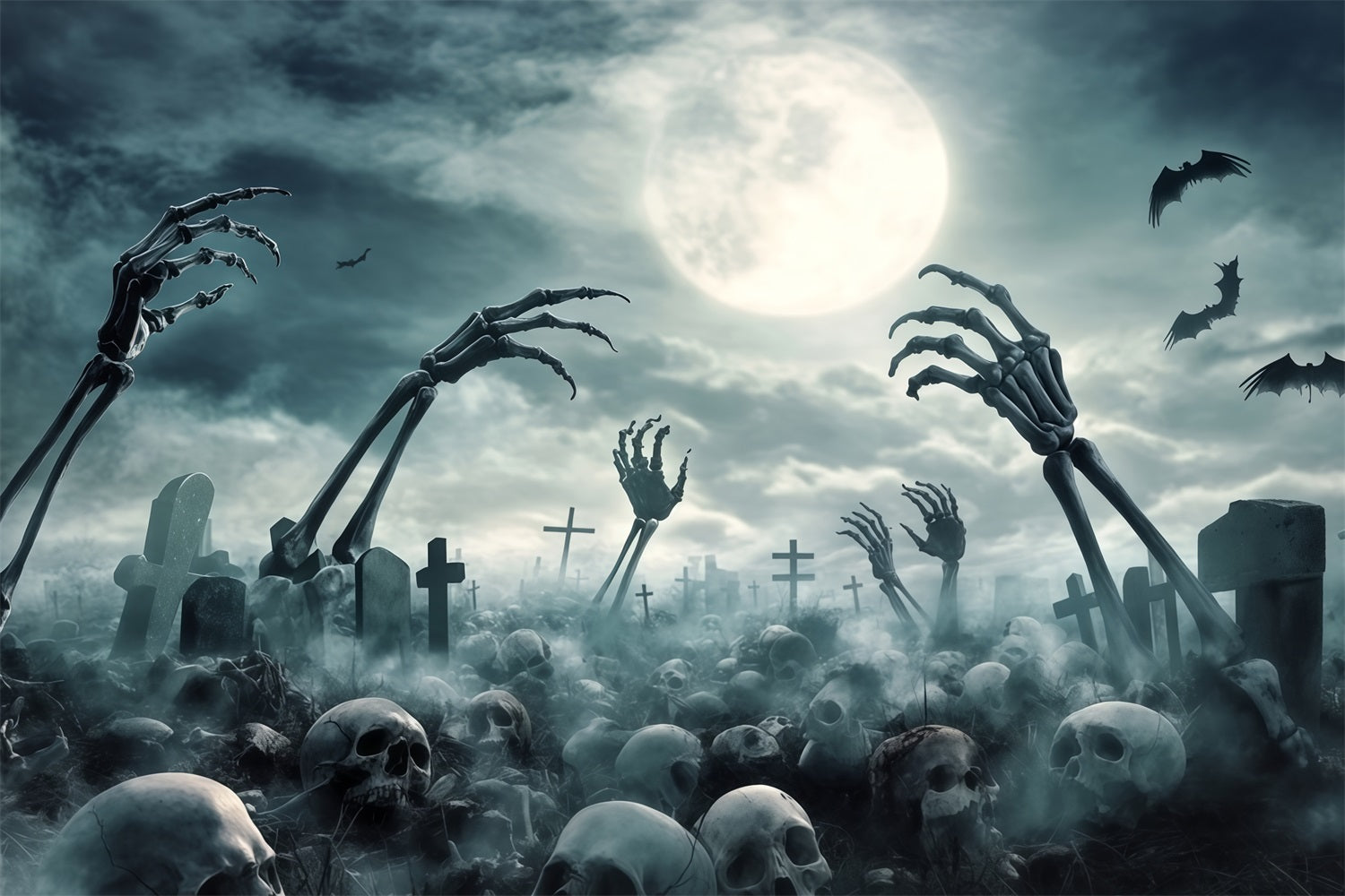 Garagentor Halloween-Fotohintergrund Friedhof Skelett Hände und VollMoon Gruselige Halloween-Fotohintergrundbilder TWW58-49