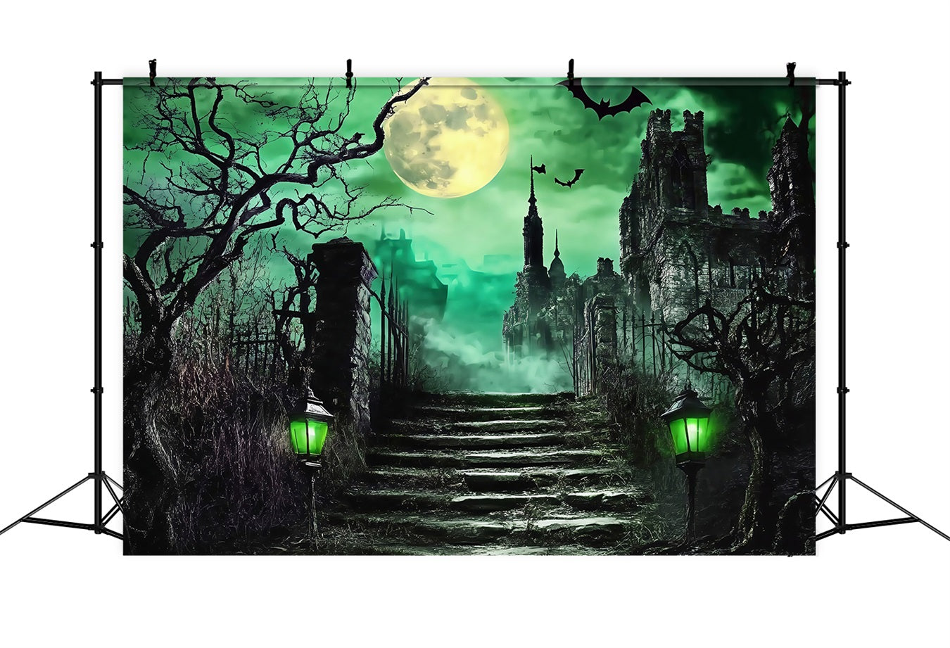 Halloween-Friedhof-Fotohintergrund Spukschloss-Treppe unter grünem Moon Halloween-Fotokulissen TWW58-52