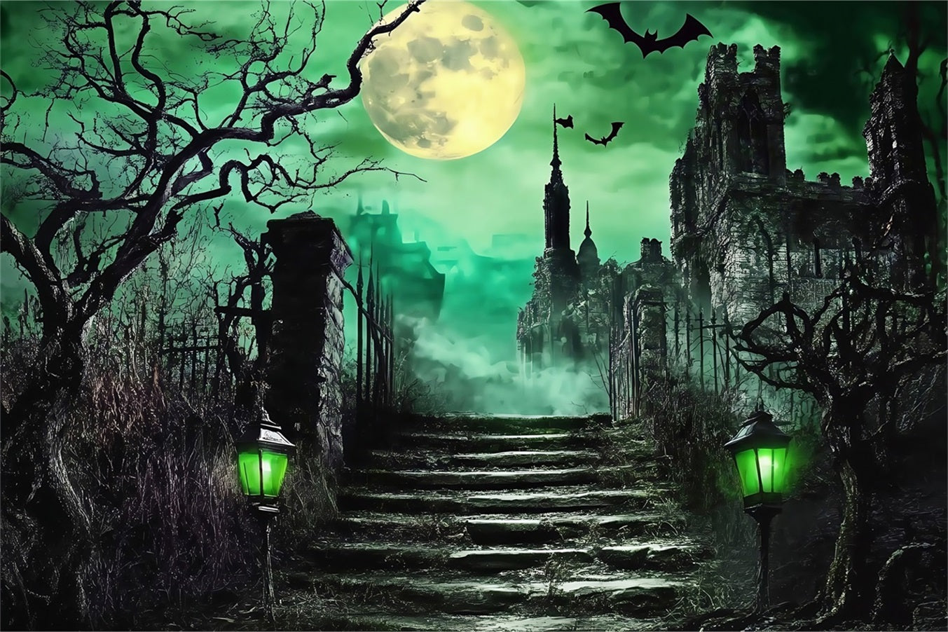 Halloween-Friedhof-Fotohintergrund Spukschloss-Treppe unter grünem Moon Halloween-Fotokulissen TWW58-52
