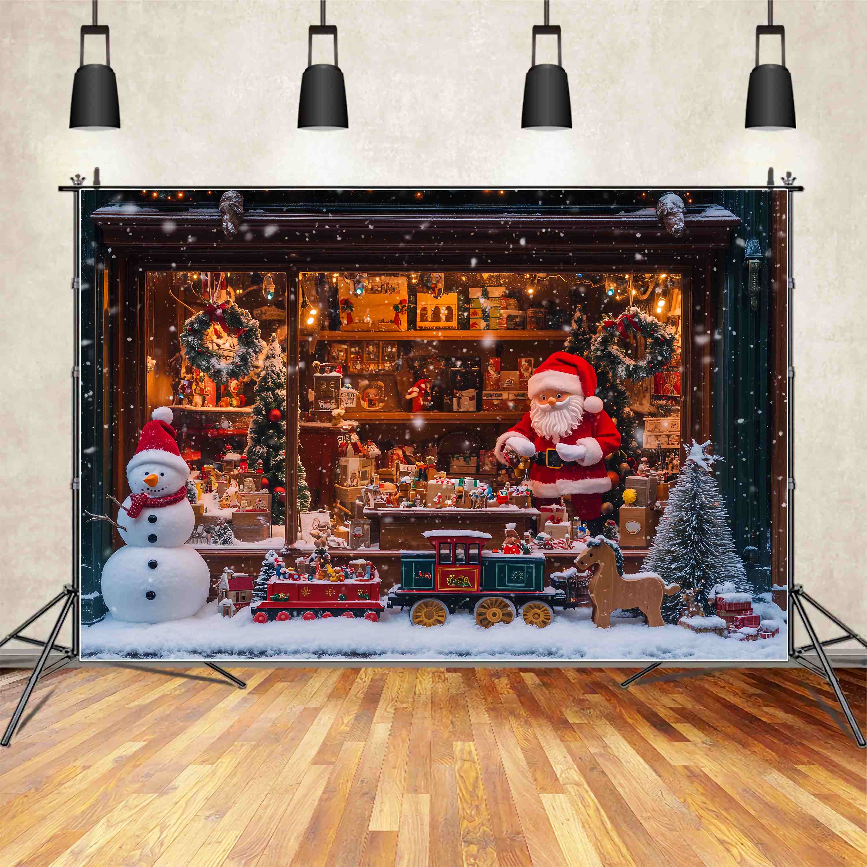 Weihnachtsmann Werkstatt Backdrop Verschneiter Spielzeugladen Weihnachtsmann Zug Weihnachten FotoFotohintergrund TWW58-55