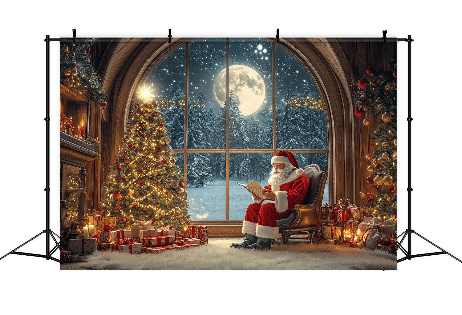 Weihnachtsmann Fotokulissen Weihnachtsmann lesend Moonbeschienener Weihnachtsbaum Weihnachtskulisse für Fotos TWW58-56