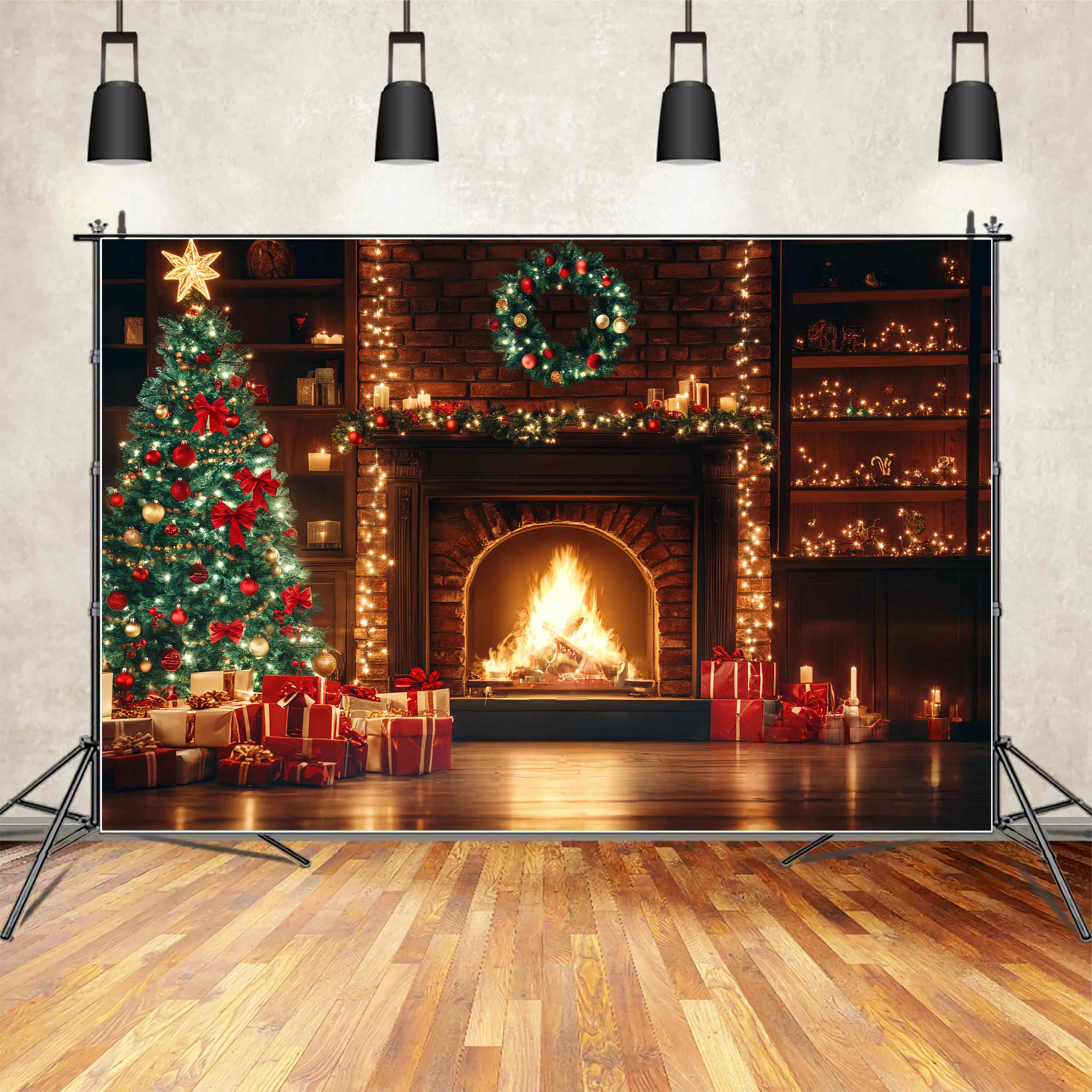 Weihnachten Kamin Backdrop Kamin Girlande Weihnachtsbaum Weihnachten Studiohintergrund für die Fotografie TWW58-59