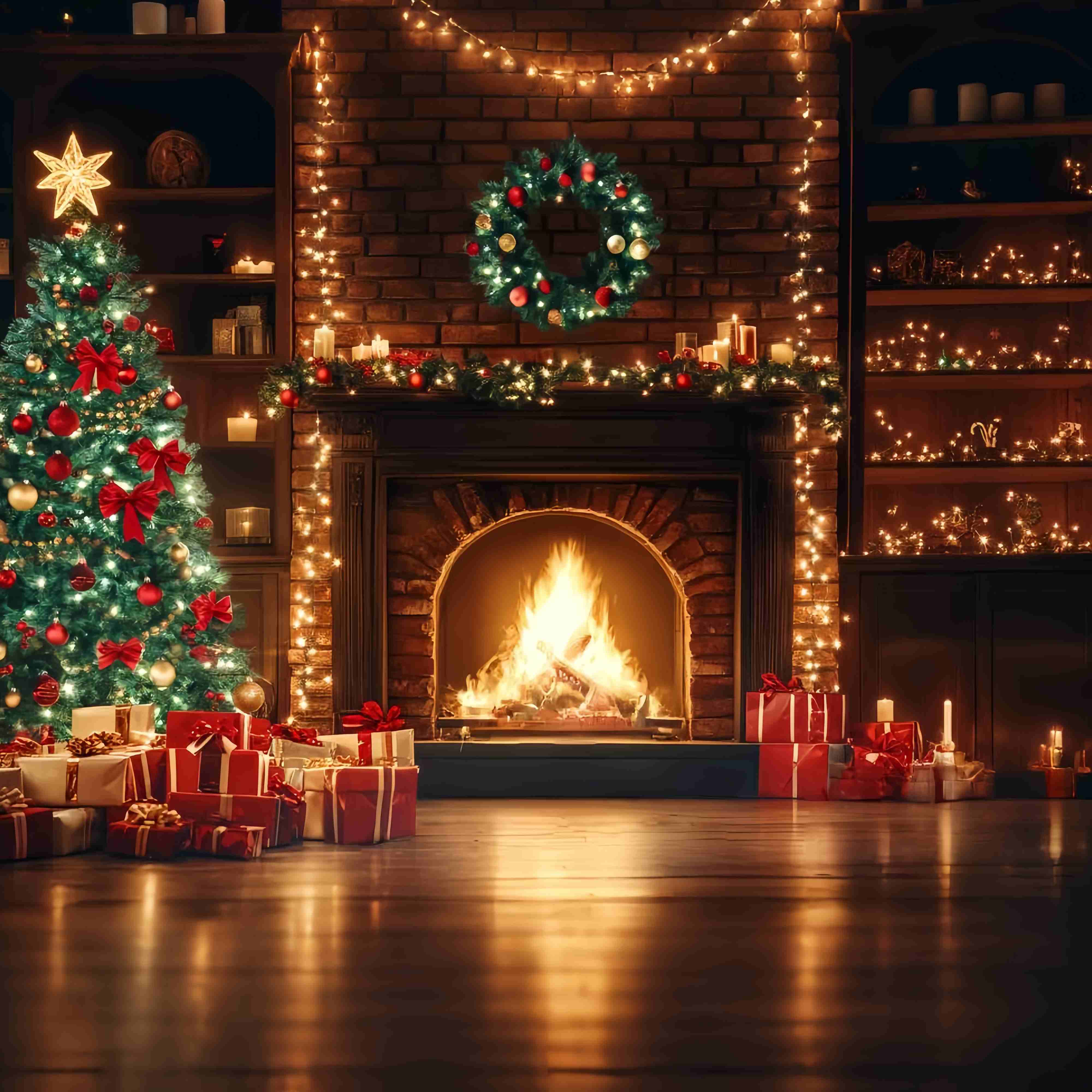 Weihnachten Kamin Backdrop Kamin Girlande Weihnachtsbaum Weihnachten Studiohintergrund für die Fotografie TWW58-59