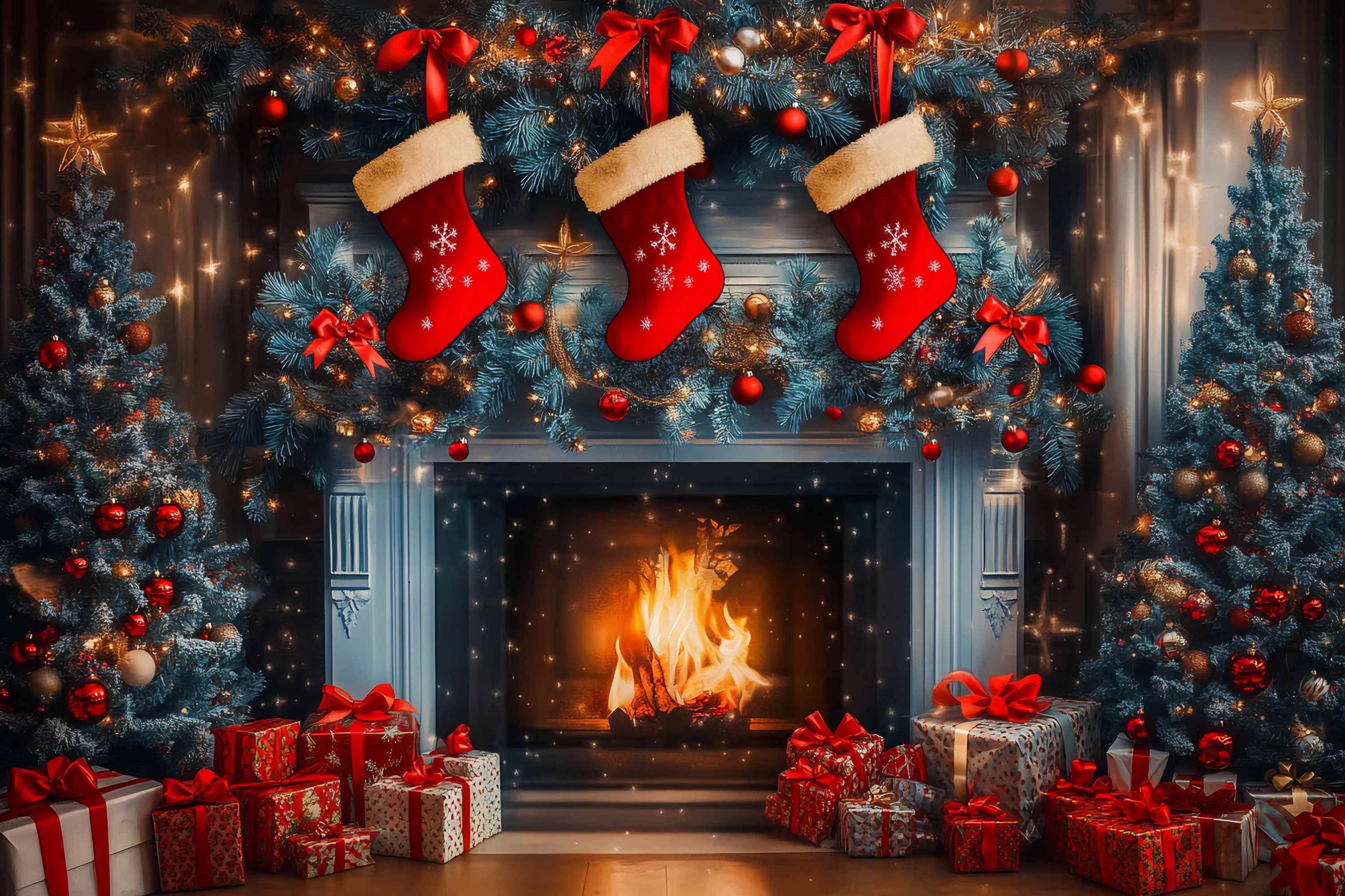 Weihnachtskamin Backdrop Strumpf Girlande Blaue Tannenbäume Weihnachten Studiohintergrund TWW58-62