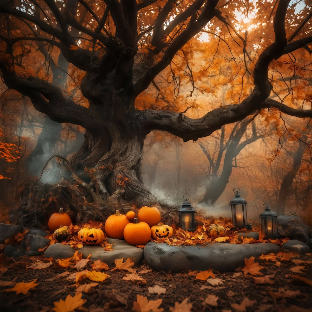 Halloween-Kürbisfeld unter altem Herbstbaum Halloween-Fotohintergrundkulissen TWW58-7