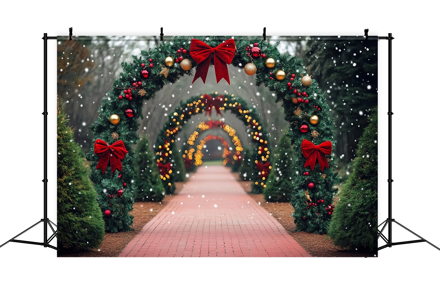 Weihnachtsbaum Bauernhof Fotohintergrund verschneiten Pfad roten Bogen Torbogen Lichter Weihnachten Studiohintergrund Verkauf TWW58-79