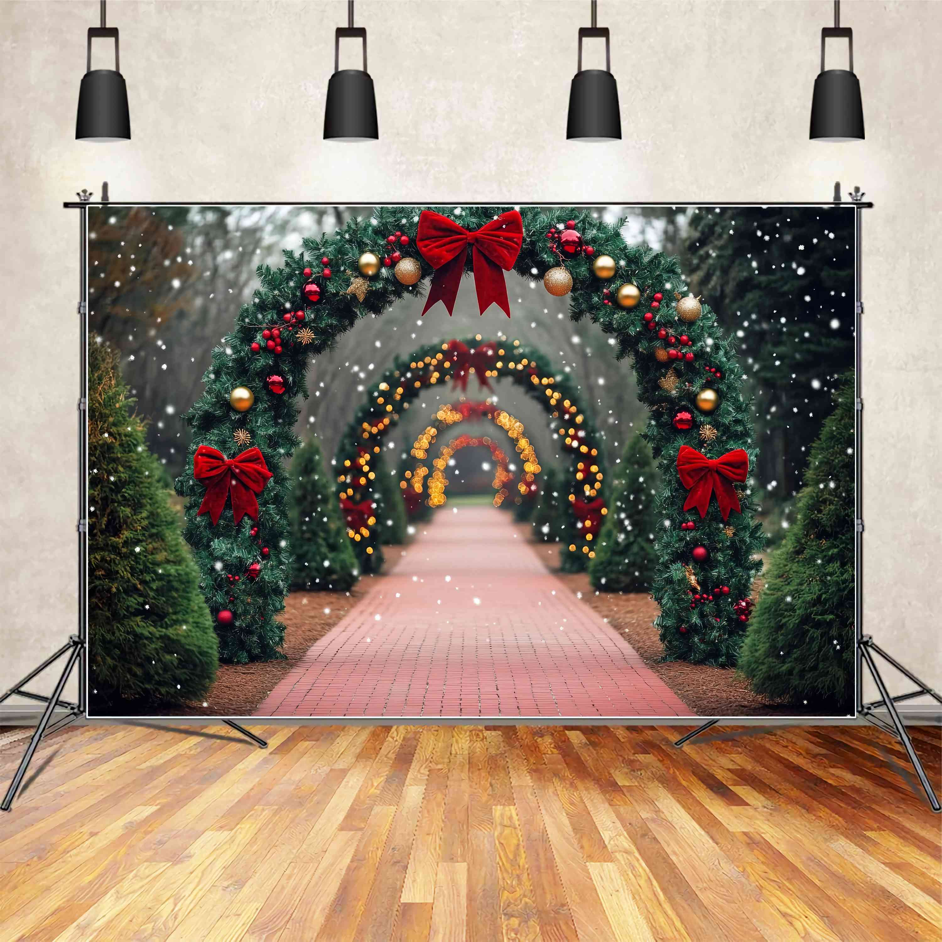 Weihnachtsbaum Bauernhof Fotohintergrund verschneiten Pfad roten Bogen Torbogen Lichter Weihnachten Studiohintergrund Verkauf TWW58-79