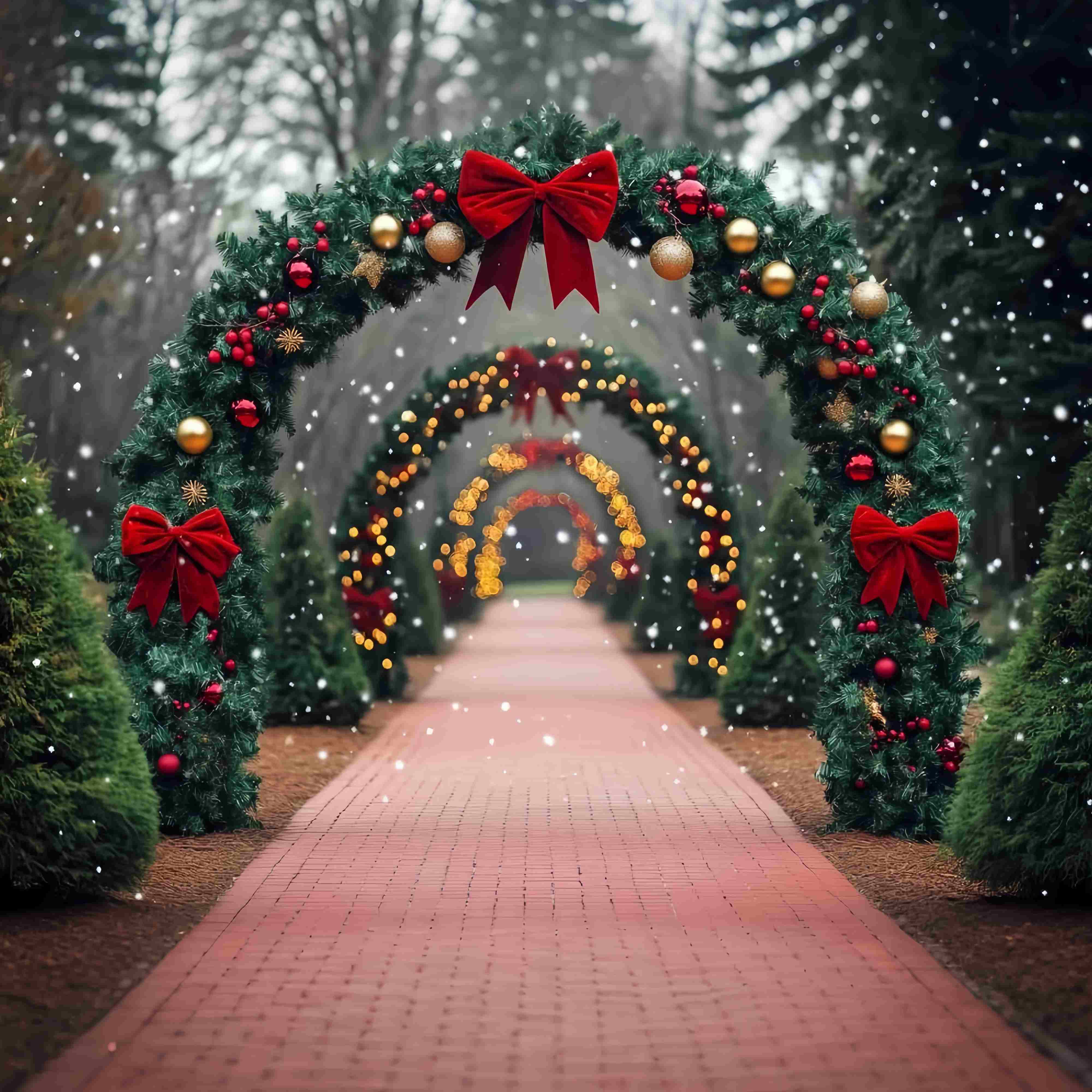 Weihnachtsbaum Bauernhof Fotohintergrund verschneiten Pfad roten Bogen Torbogen Lichter Weihnachten Studiohintergrund Verkauf TWW58-79