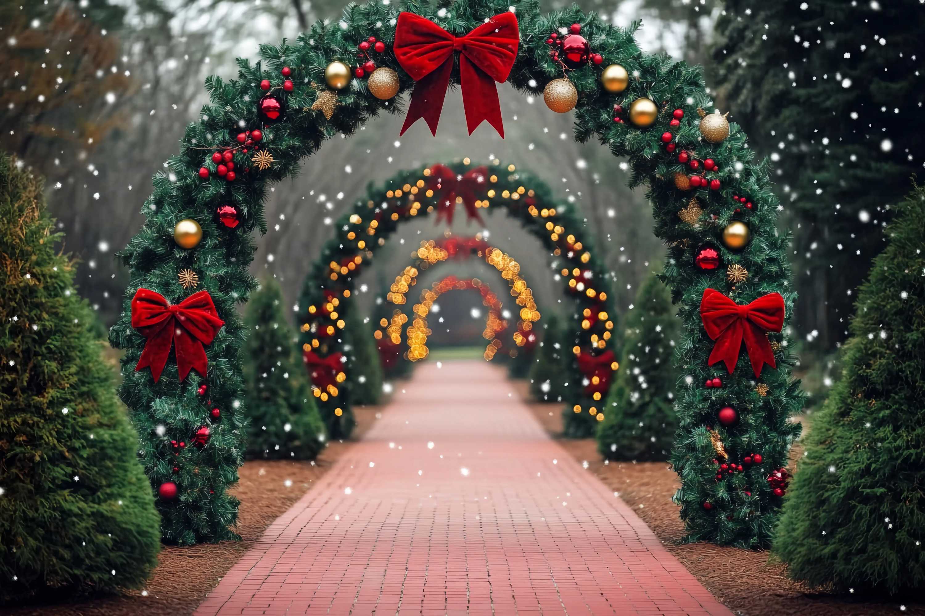 Weihnachtsbaum Bauernhof Fotohintergrund verschneiten Pfad roten Bogen Torbogen Lichter Weihnachten Studiohintergrund Verkauf TWW58-79