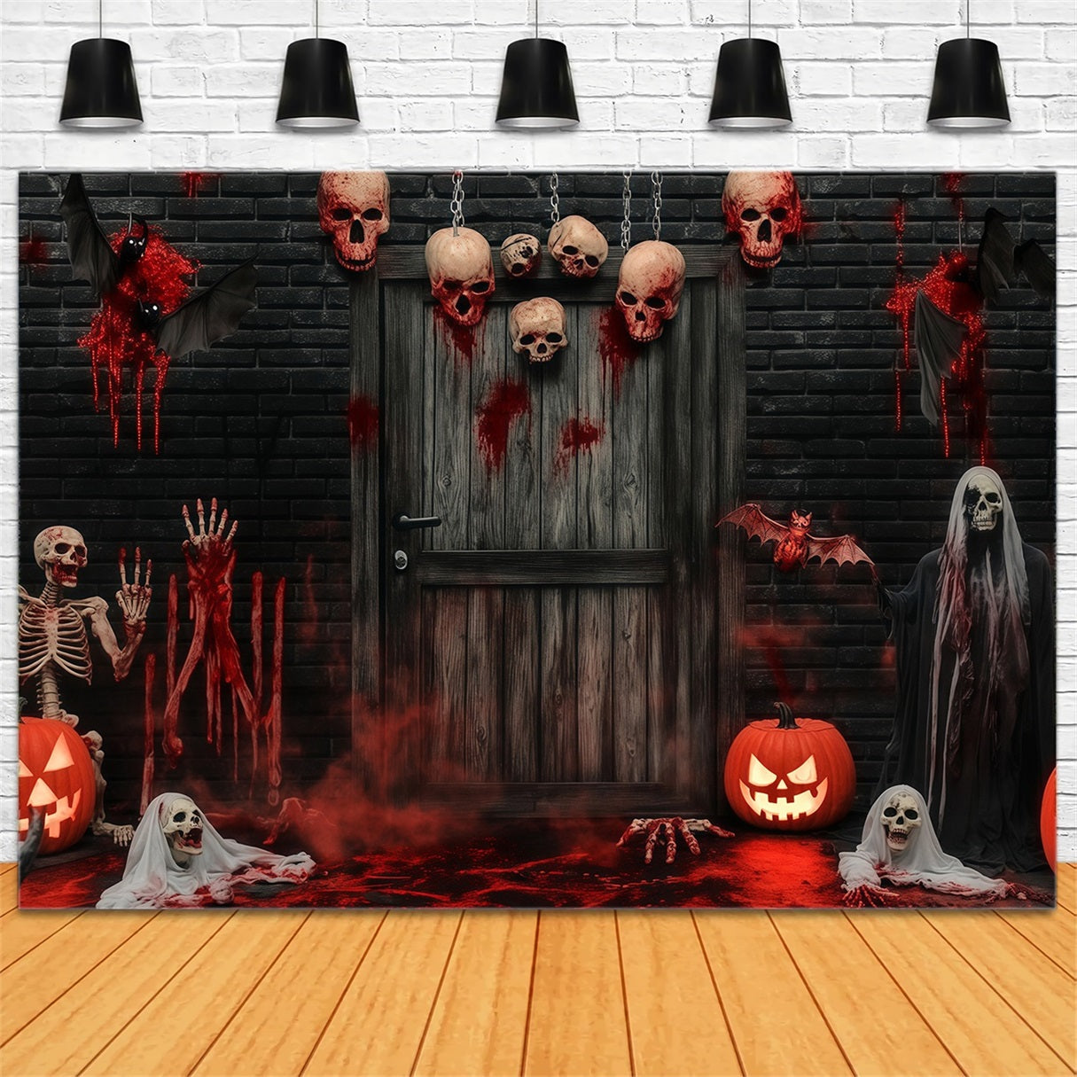 Garagentor-Halloween-Fotohintergrund Blutige Totenköpfe und Skelette an der Spuk-Tür Gruselige Halloween-Hintergründe TWW58-8