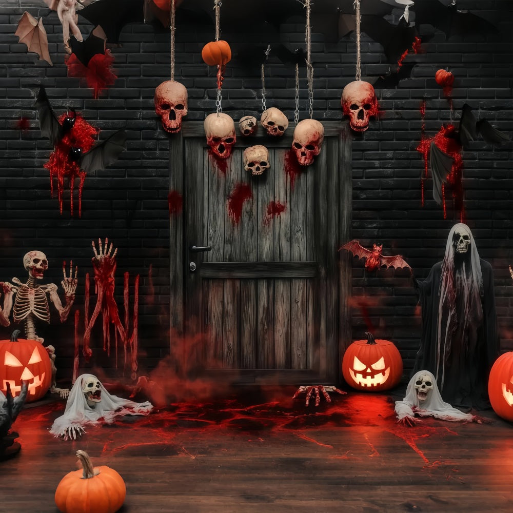 Garagentor-Halloween-Fotohintergrund Blutige Totenköpfe und Skelette an der Spuk-Tür Gruselige Halloween-Hintergründe TWW58-8