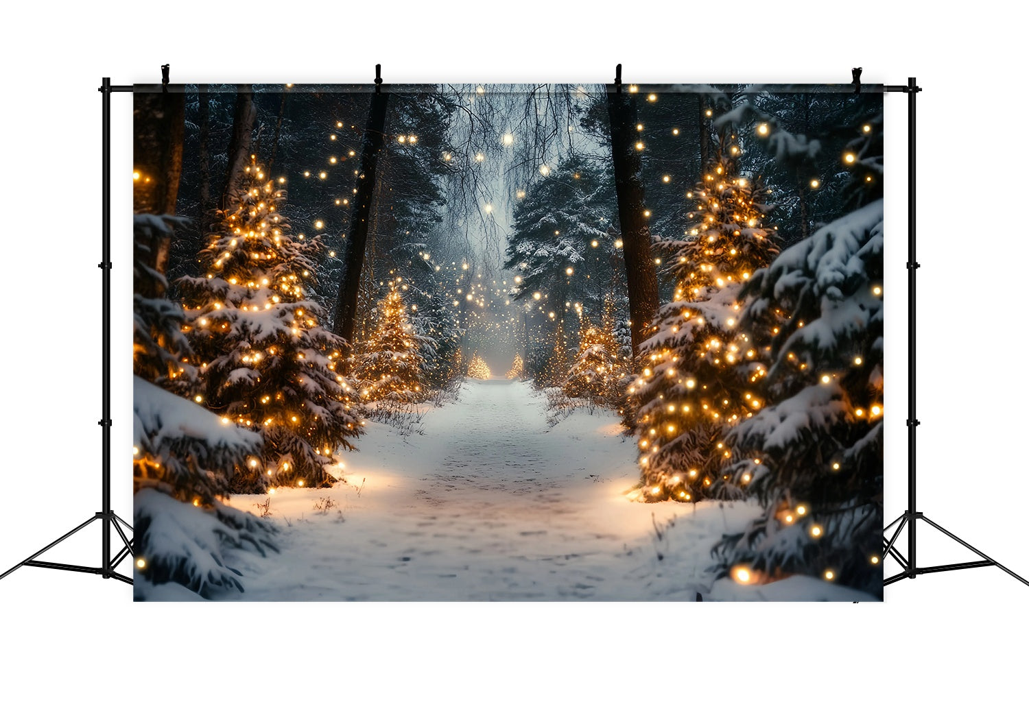 Weihnachtsbaum Bauernhof Backdrop Goldenes Licht verschneiten Waldweg Weihnachten Fotografie Studiohintergrund TWW58-80