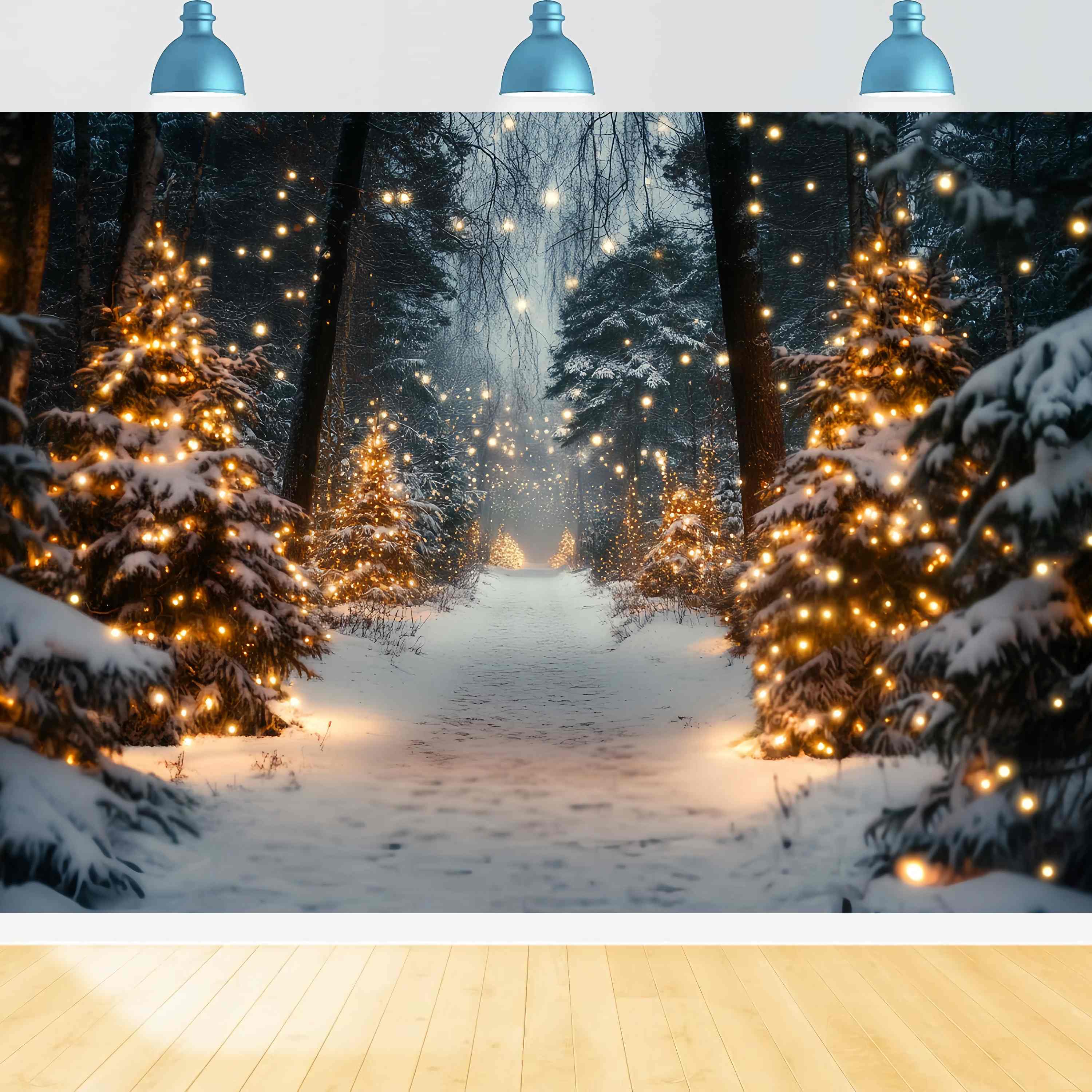 Weihnachtsbaum Bauernhof Backdrop Goldenes Licht verschneiten Waldweg Weihnachten Fotografie Studiohintergrund TWW58-80