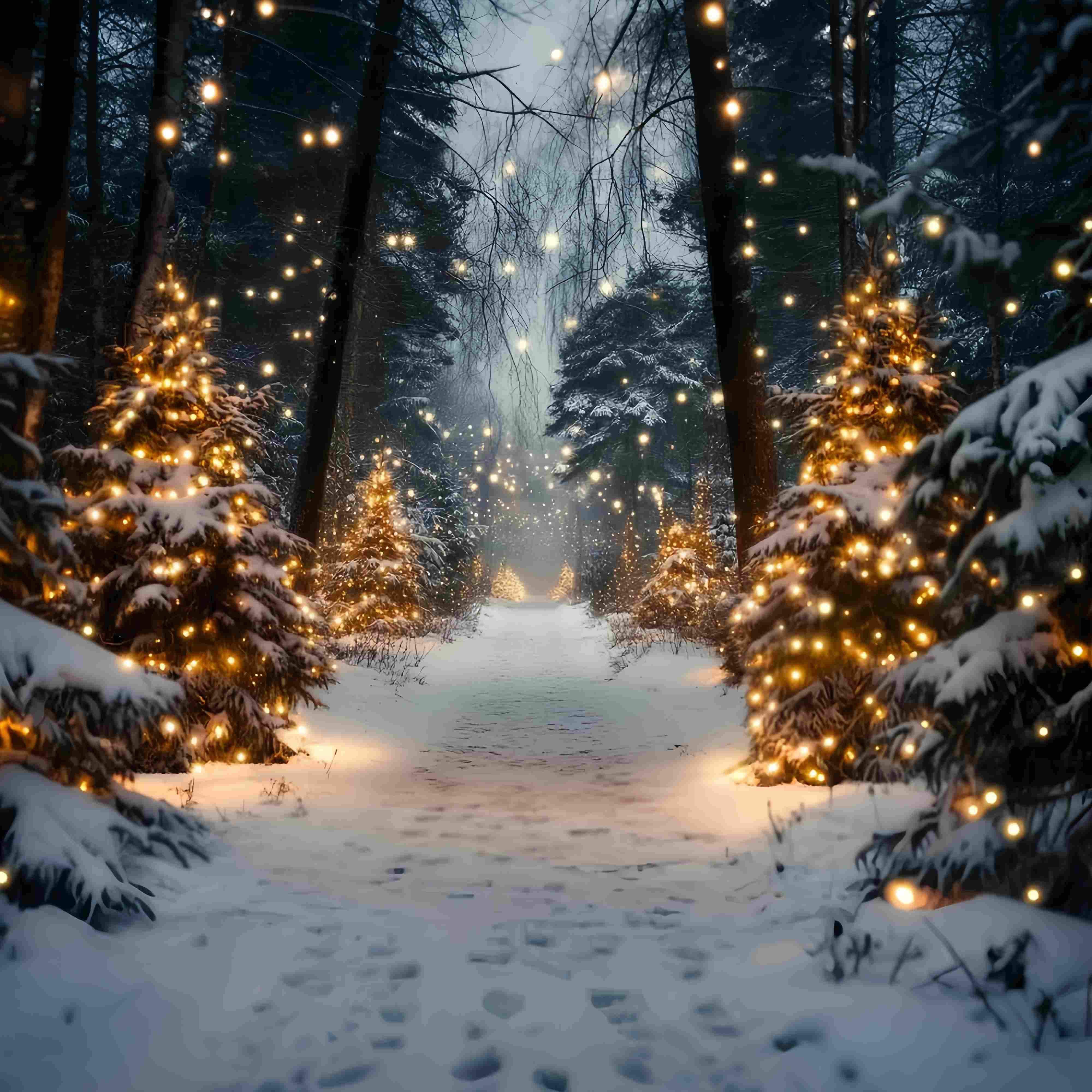 Weihnachtsbaum Bauernhof Backdrop Goldenes Licht verschneiten Waldweg Weihnachten Fotografie Studiohintergrund TWW58-80