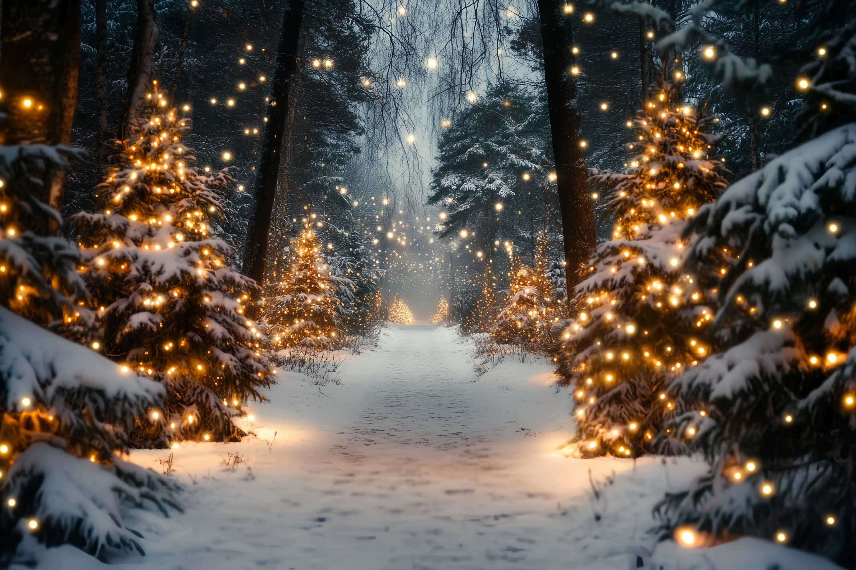 Weihnachtsbaum Bauernhof Backdrop Goldenes Licht verschneiten Waldweg Weihnachten Fotografie Studiohintergrund TWW58-80