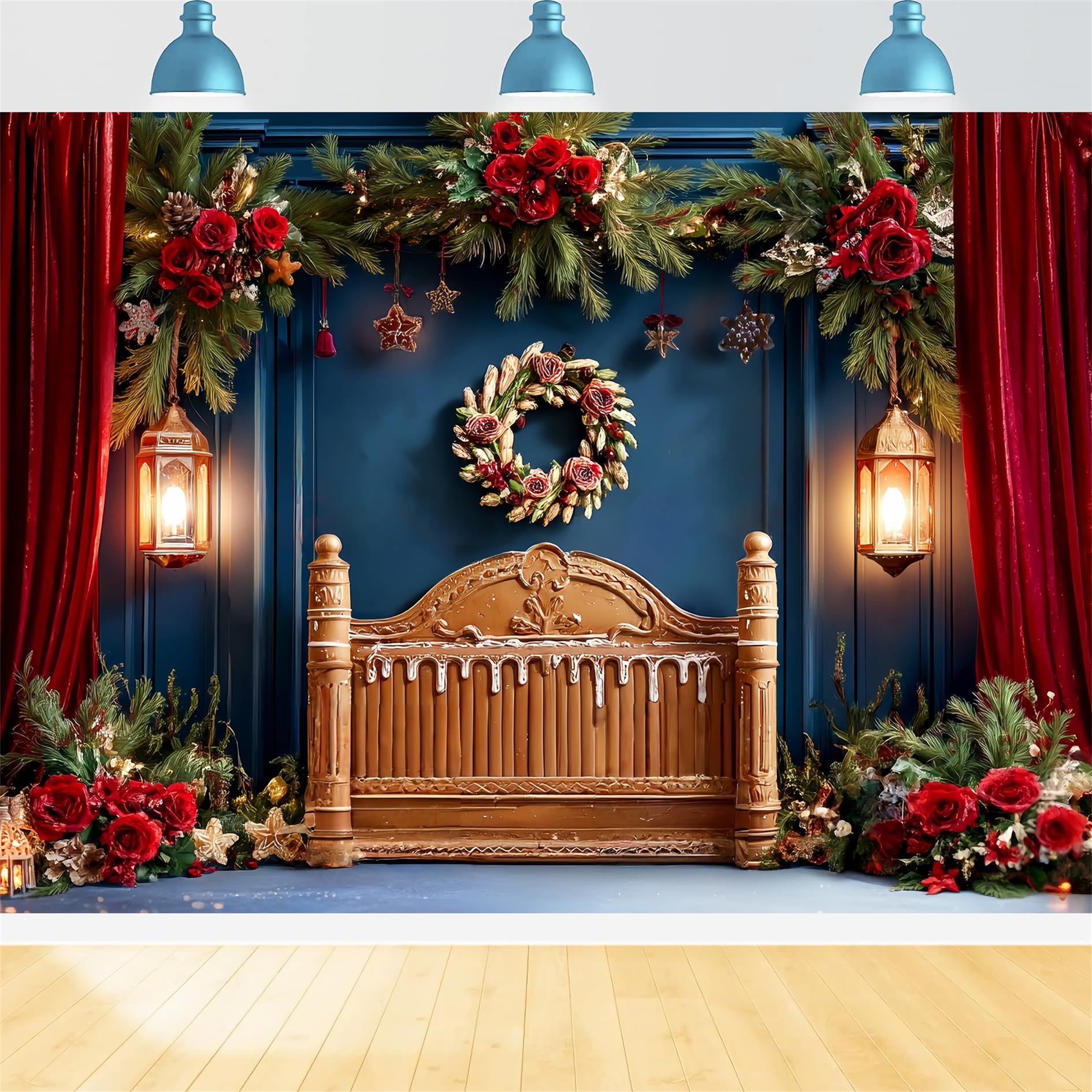 Weihnachts-Kopfteil Fotohintergrund Festlicher roter Vorhang Girlande WeihnachtsFotohintergrund TWW59-100