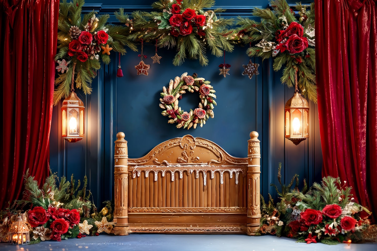 Weihnachts-Kopfteil Fotohintergrund Festlicher roter Vorhang Girlande WeihnachtsFotohintergrund TWW59-100