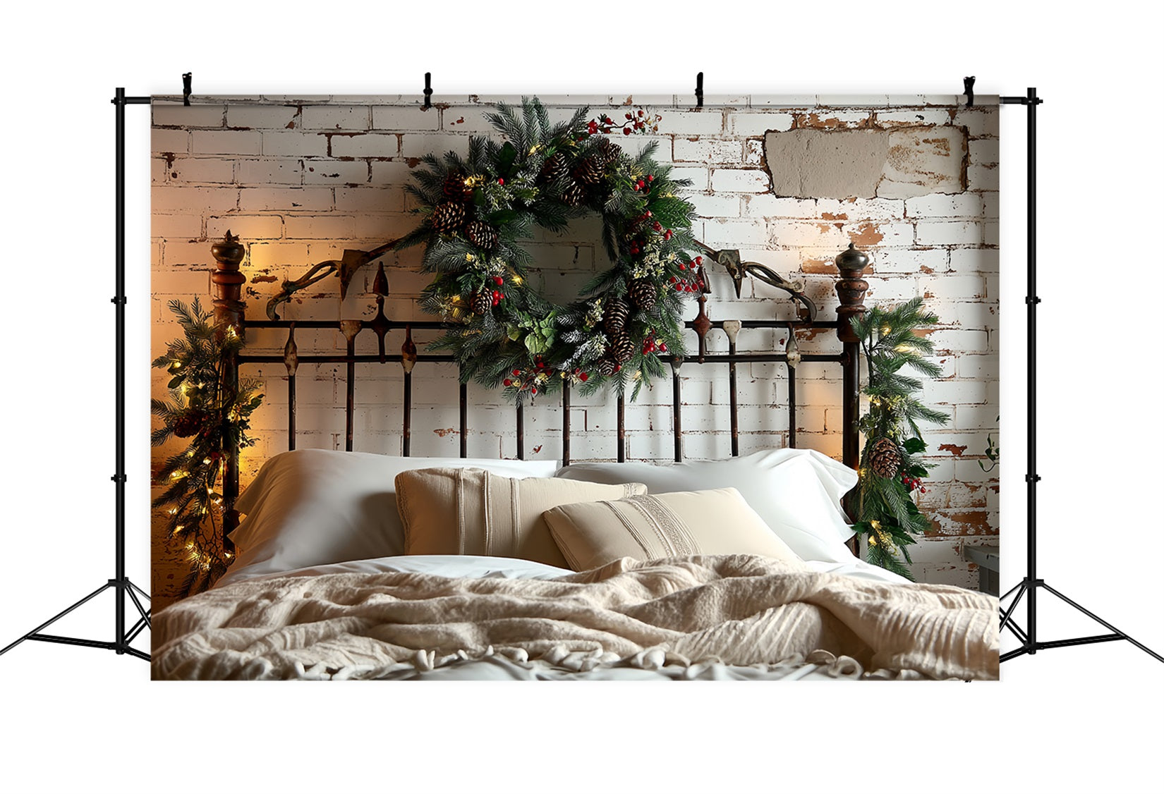 Kopfteil Fotohintergrund Backsteinmauer Tannenzapfen-Kranz Weihnachtsfoto Fotohintergrund TWW59-102