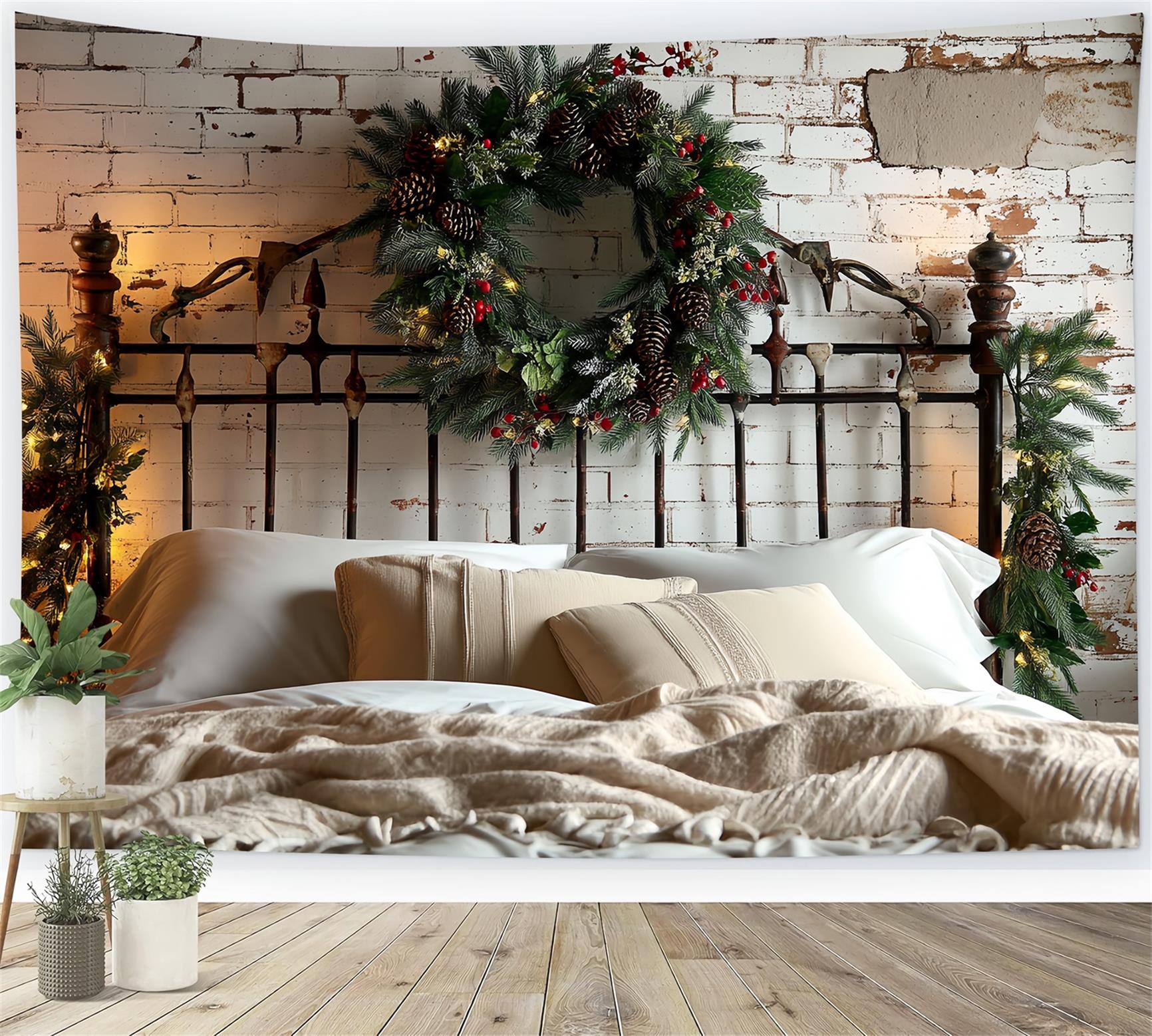 Kopfteil Fotohintergrund Backsteinmauer Tannenzapfen-Kranz Weihnachtsfoto Fotohintergrund TWW59-102