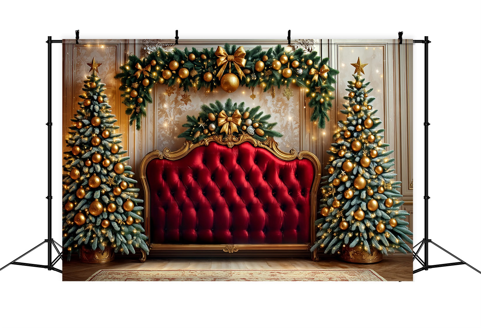 Kopfteil Fotohintergrund Goldene Ornamente Roter Samt WeihnachtsFotohintergrund-Ideen TWW59-104