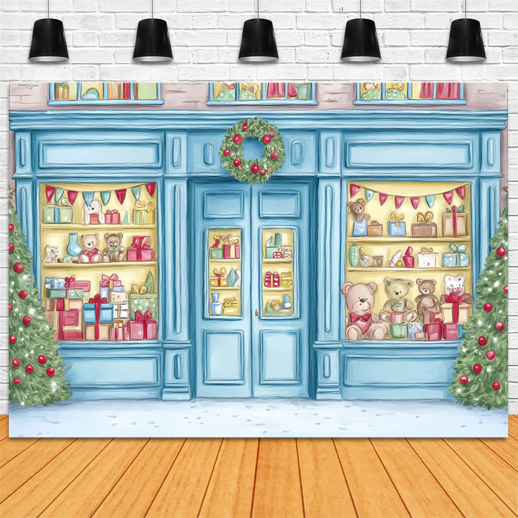 Spielzeugladen Fotohintergrund Spielzeugladen-Schaufenster Teddybären-Auslage WeihnachtsFotohintergrund TWW59-105