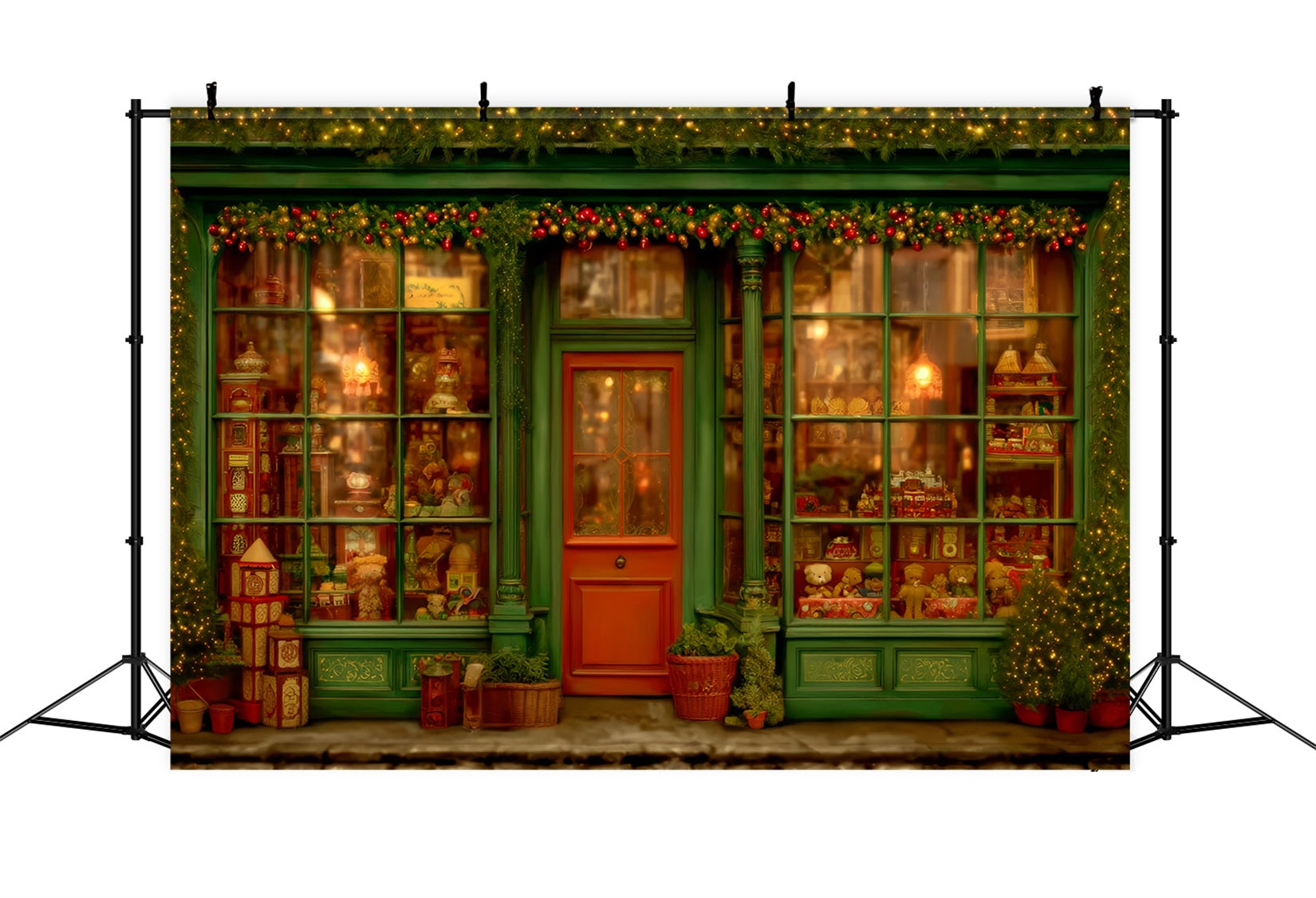 Spielzeugladen Fotohintergrund Vintage-grünes Fenster Spielzeugladen Weihnachtshintergründe TWW59-106