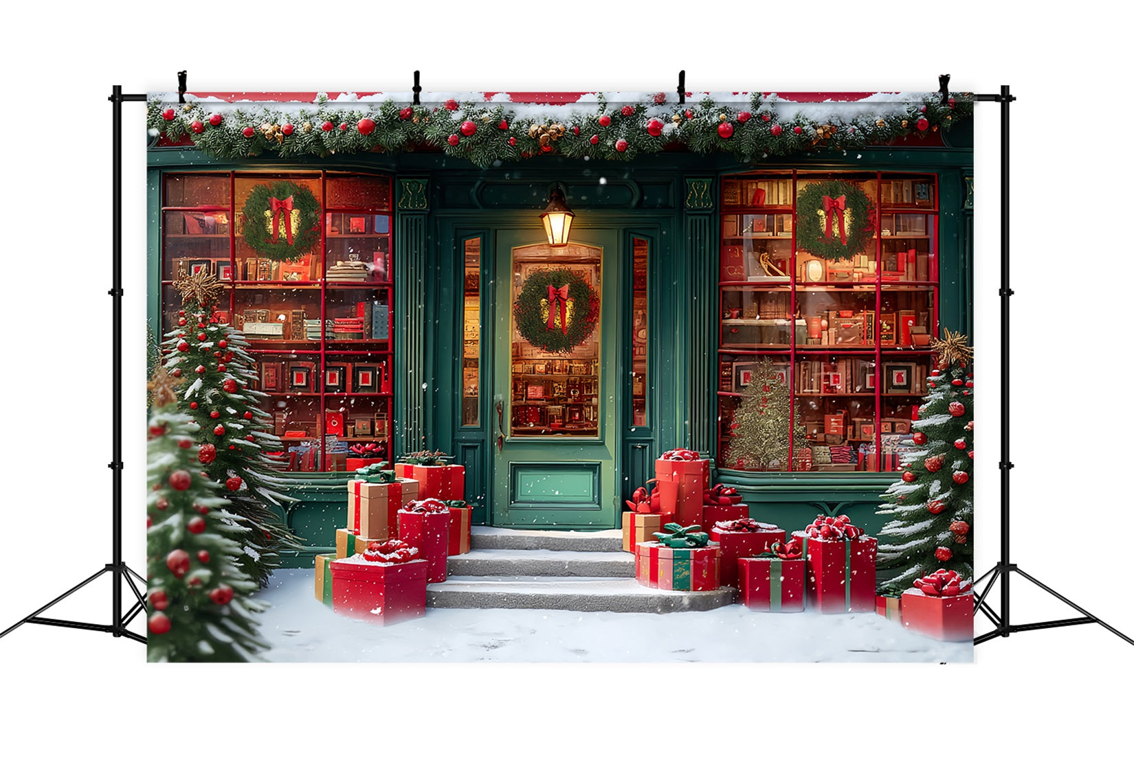 Spielzeugladen Fotohintergrund Festlicher Buchladen Verschneiter Eingang Weihnachtsfoto-Hintergründe TWW59-110