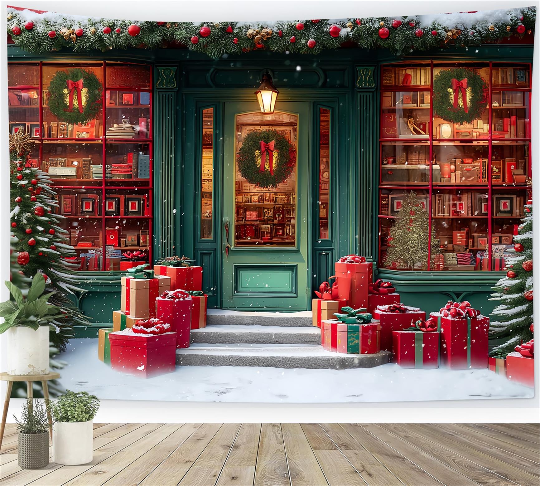 Spielzeugladen Fotohintergrund Festlicher Buchladen Verschneiter Eingang Weihnachtsfoto-Hintergründe TWW59-110
