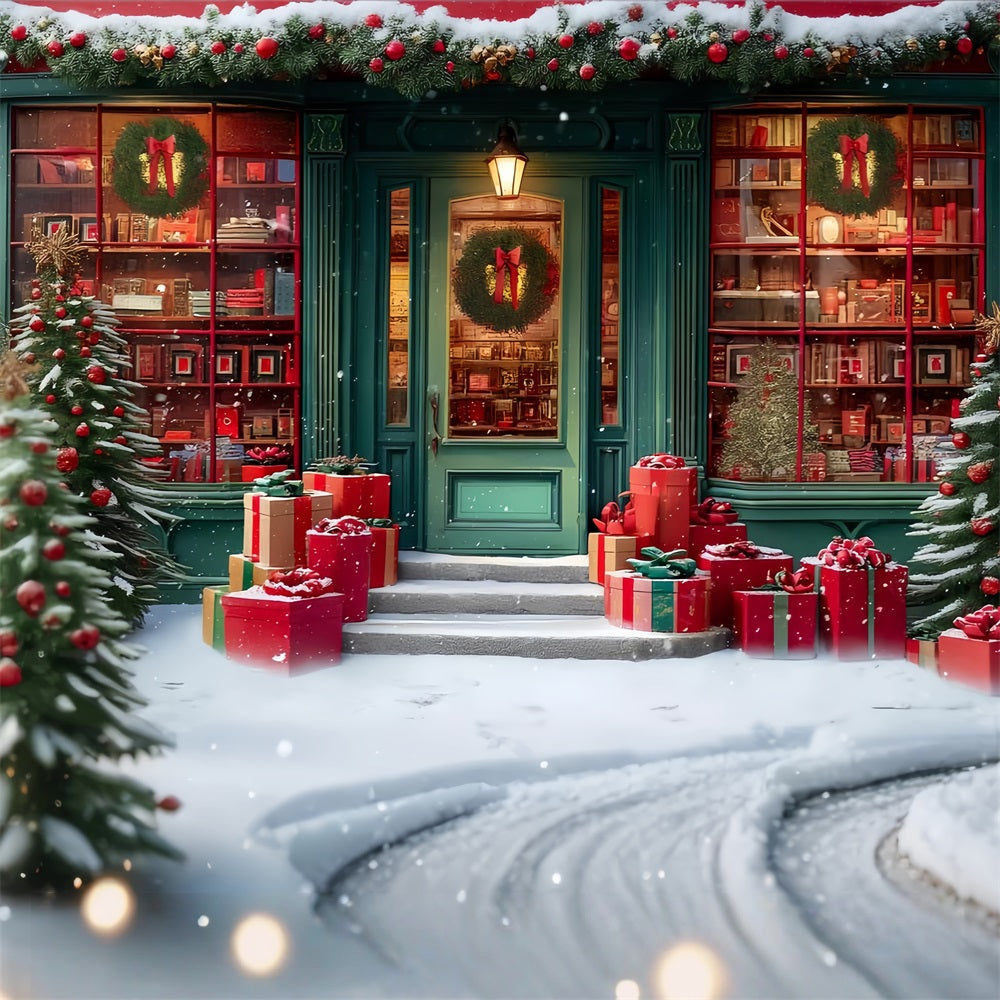 Spielzeugladen Fotohintergrund Festlicher Buchladen Verschneiter Eingang Weihnachtsfoto-Hintergründe TWW59-110