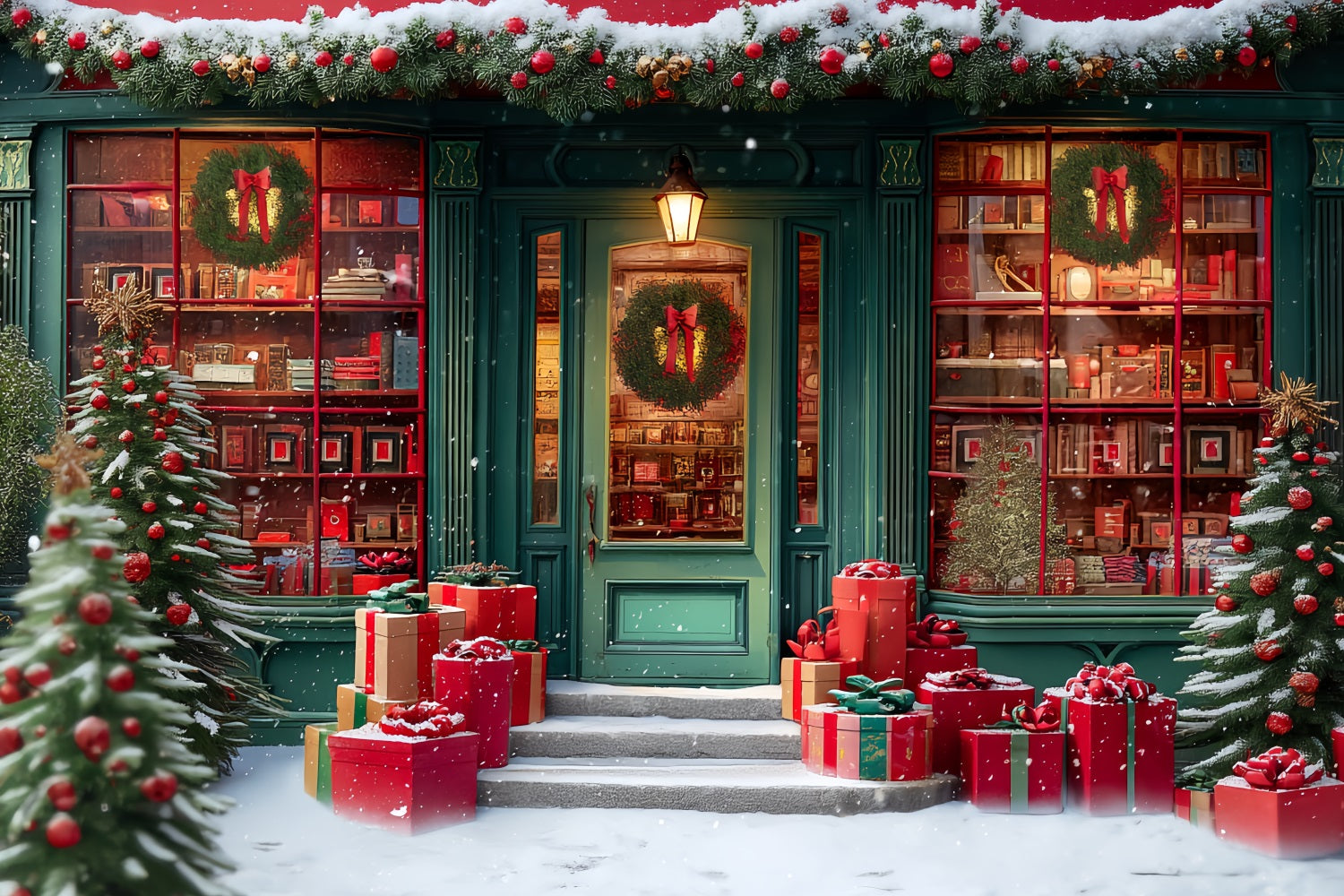 Spielzeugladen Fotohintergrund Festlicher Buchladen Verschneiter Eingang Weihnachtsfoto-Hintergründe TWW59-110